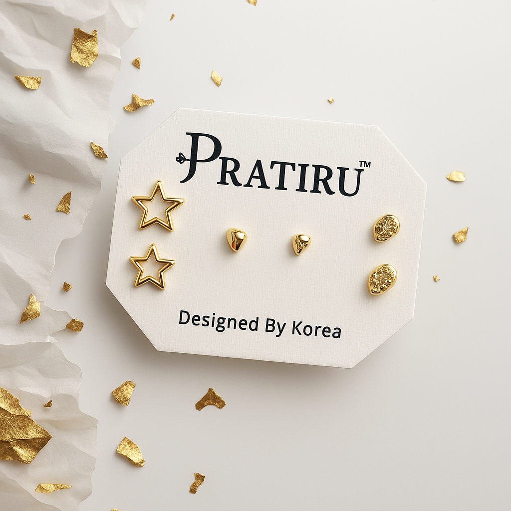 Gold Star & Nugget Stud Earrings Set | Pratiru Korea Design