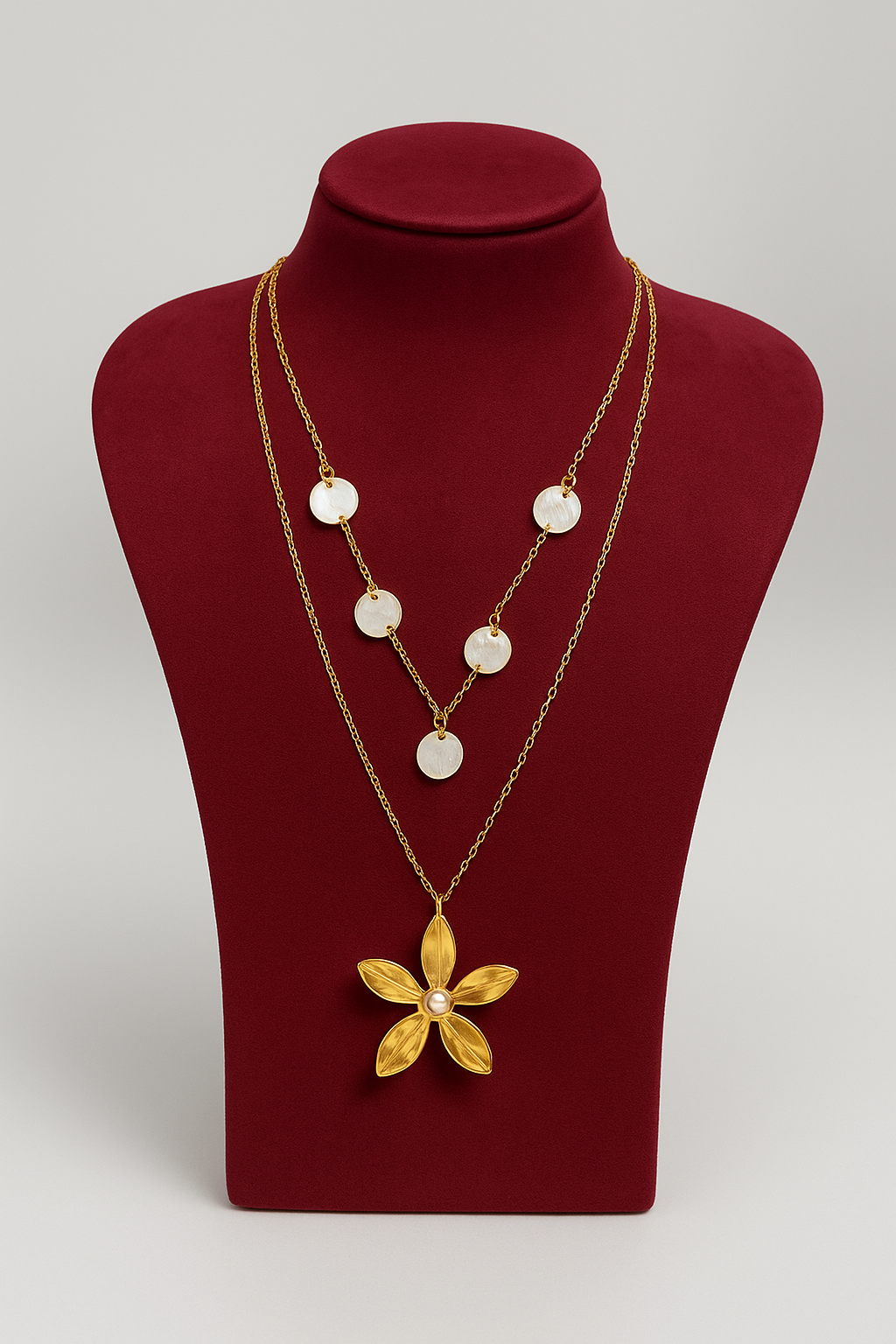Layered Gold Necklace with Pearl Flower & Discs | Pratiru