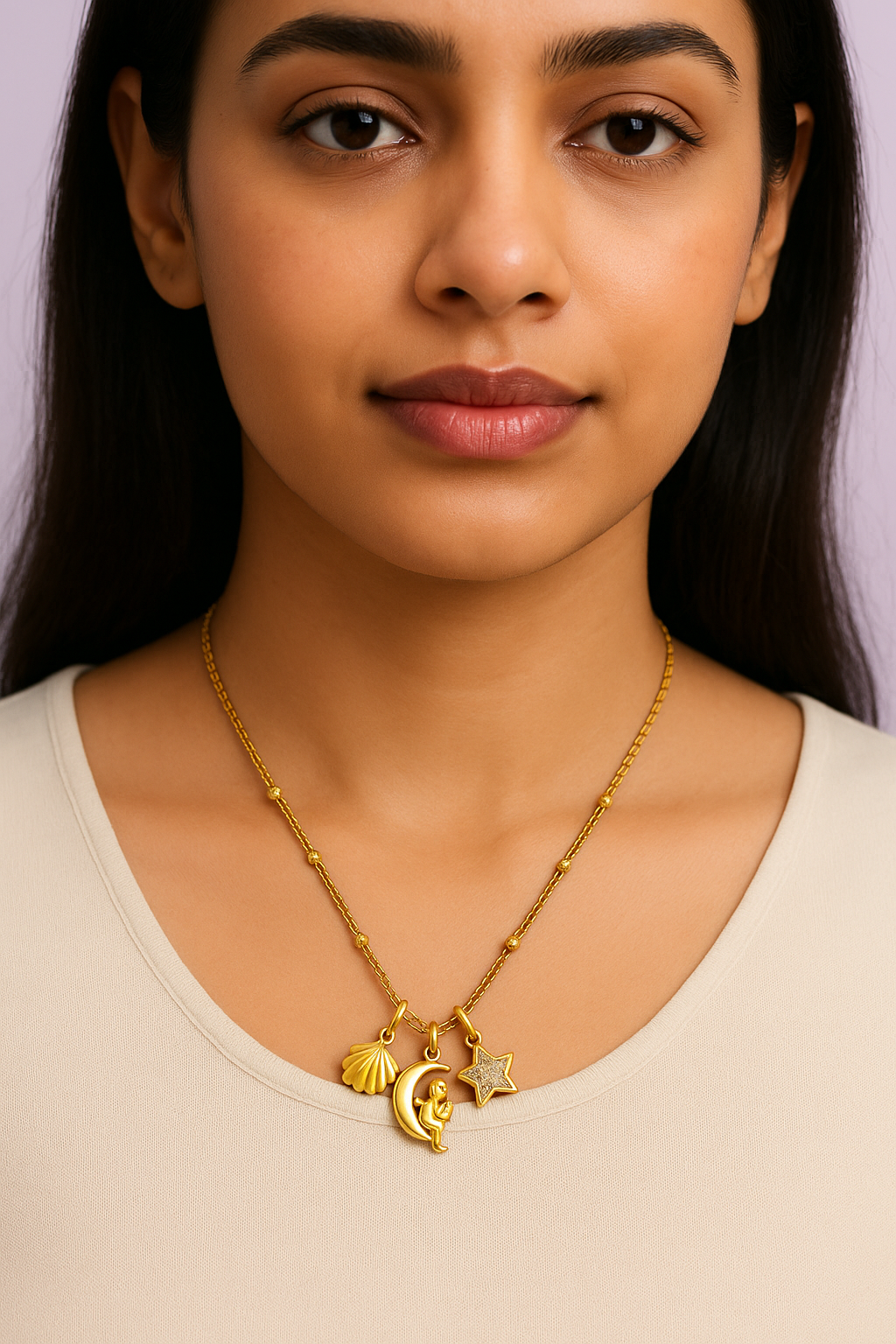Gold Charm Necklace for Women – Celestial & Shell Motifs | Pratiru