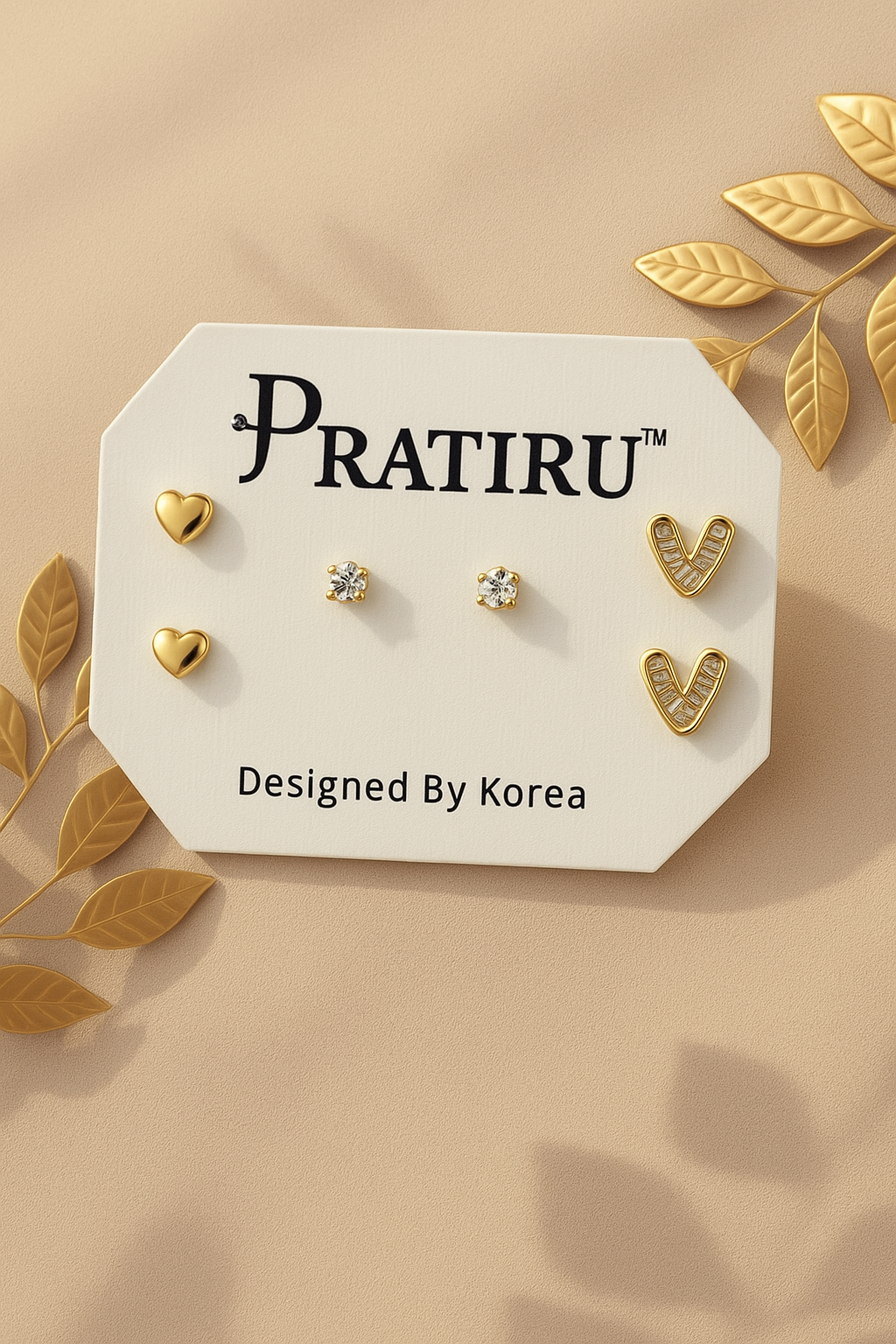 Gold Heart & V Stud Earrings Set | Pratiru Korea Design