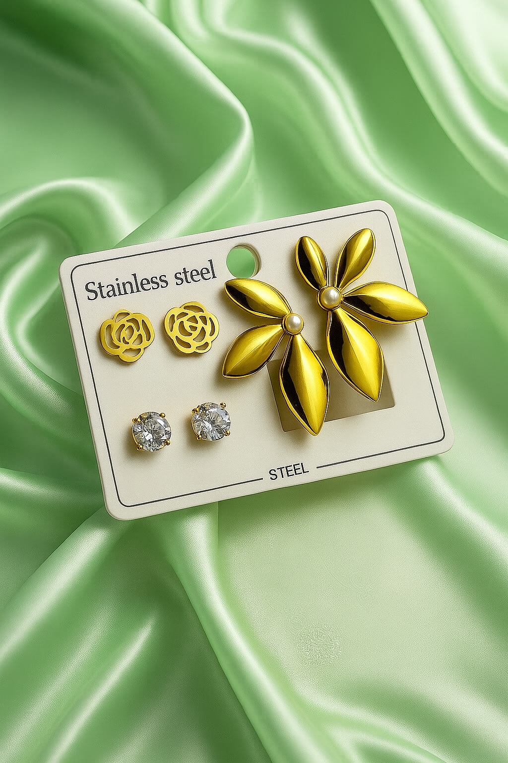 Gold Floral Stainless Steel Earrings Set – Elegant Anti-Tarnish Studs & Statement Design