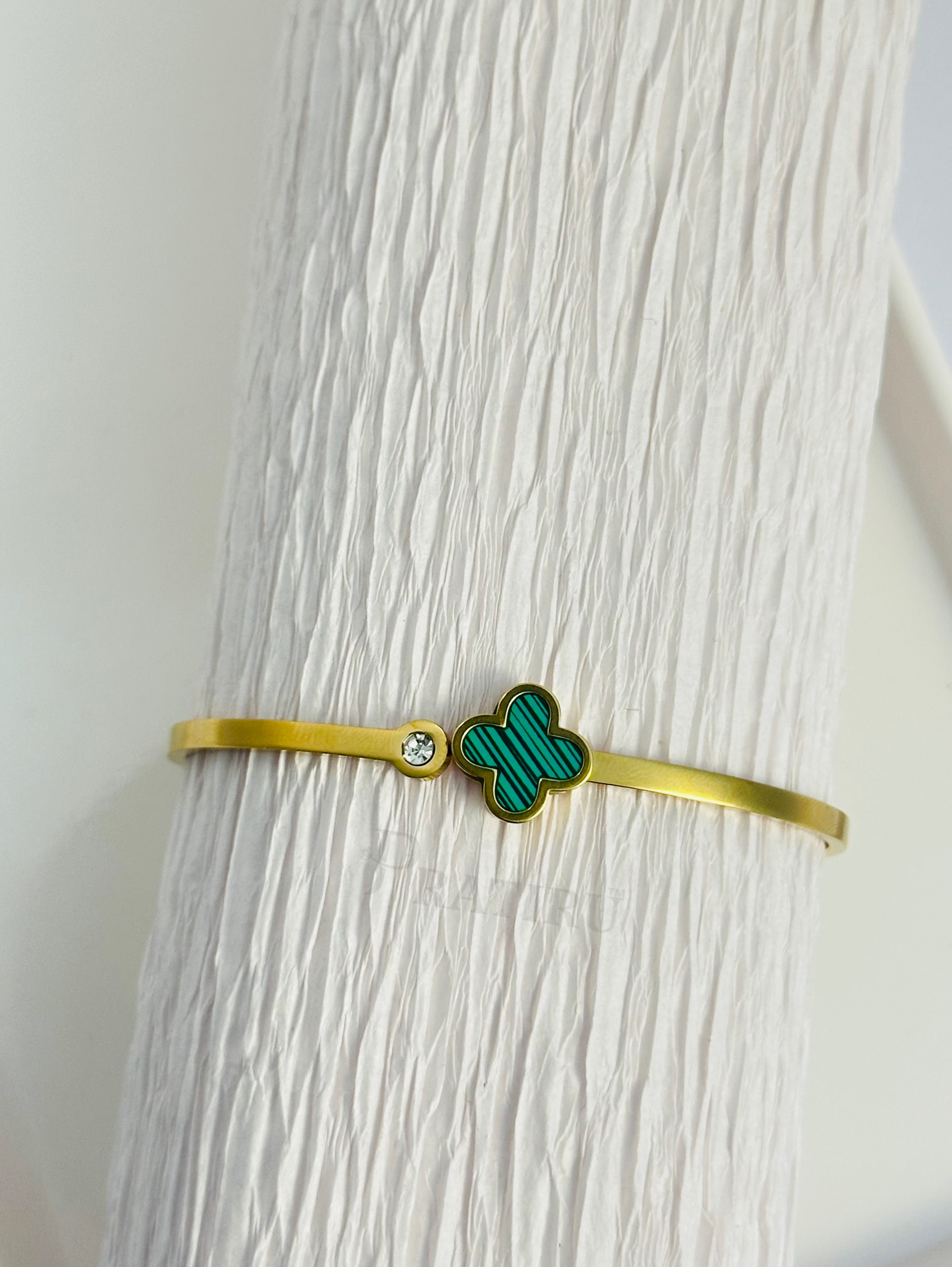 Green Clover Gold Bracelet with Solitaire Accent – Anti-Tarnish Elegant Bangle by Pratiru