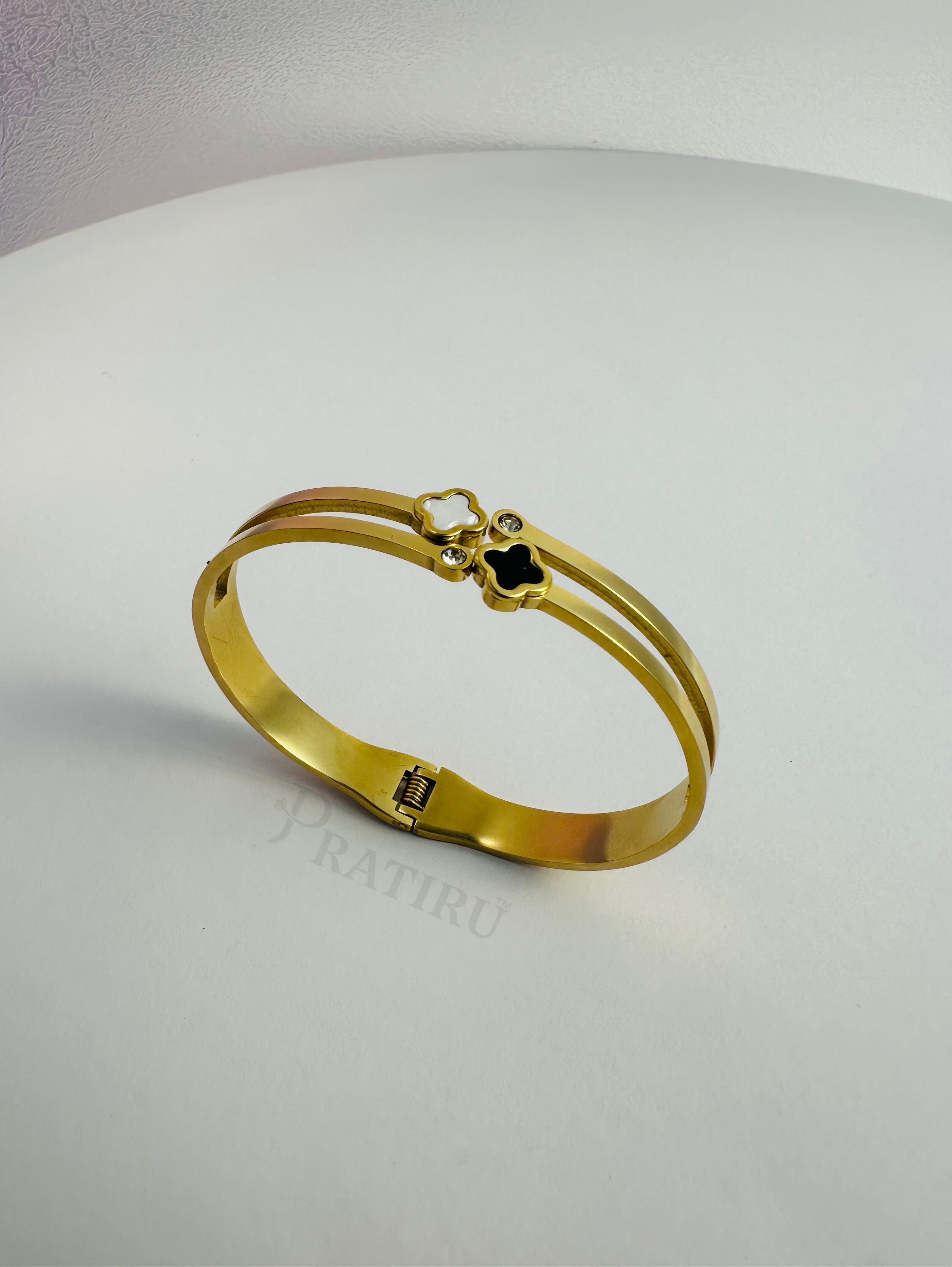 Elegant Dual-Tone Floral Bangle Bracelet – Gold Finish | Pratiru