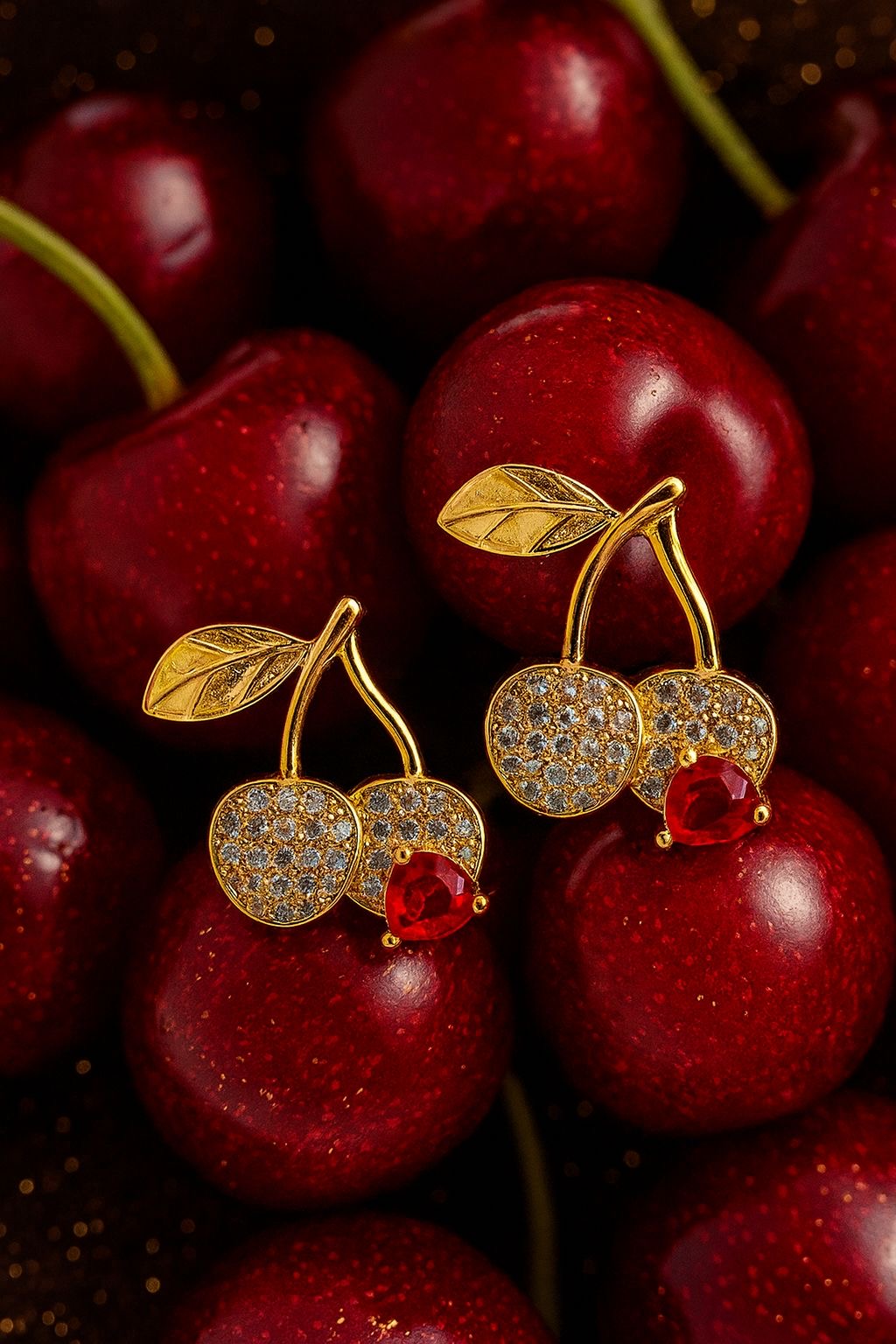 Cherry Drop Earrings – Gold & Red Crystal Fruit Studs | Pratiru