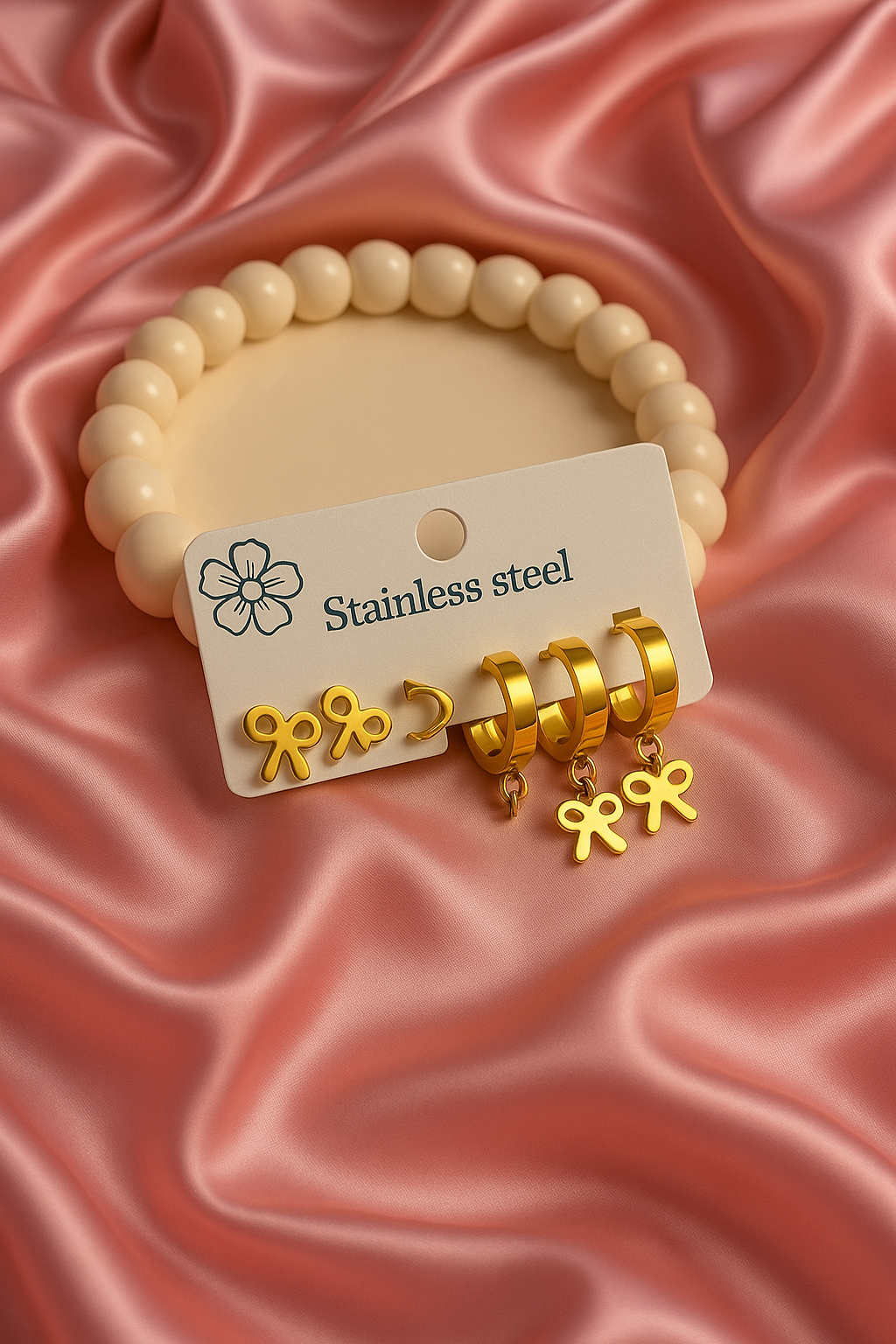 Gold Bow Earrings Set – Stainless Steel Hoops & Studs | Anti-Tarnish & Waterproof