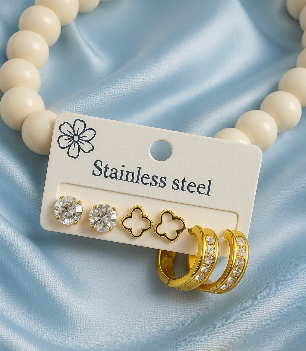 Gold Stainless Steel Earrings Set – Crystal Studs, Clover Design & Hoop Earrings | Waterproof