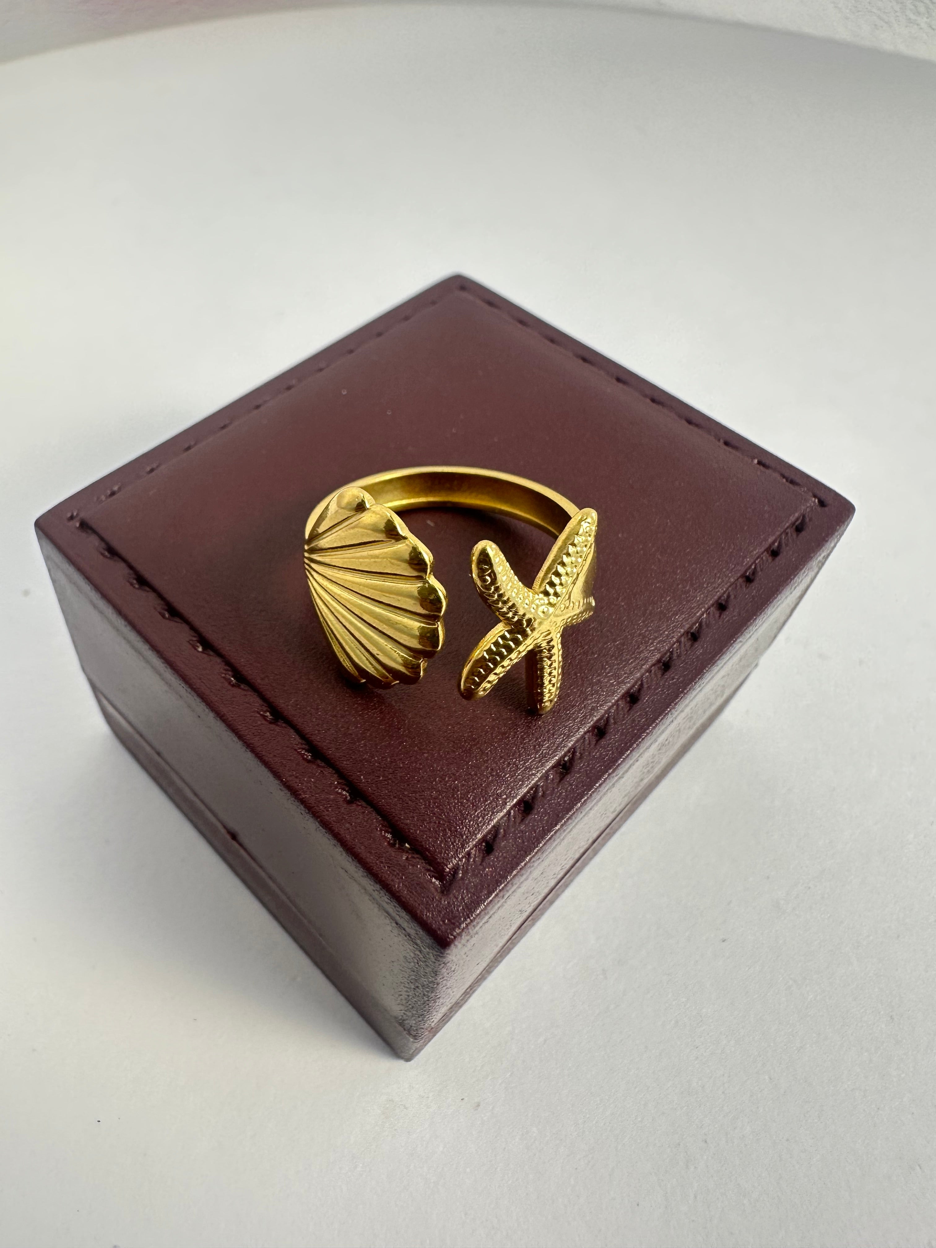 Ocean-Inspired Starfish & Shell Gold Ring | Adjustable Anti-Tarnish Jewelry