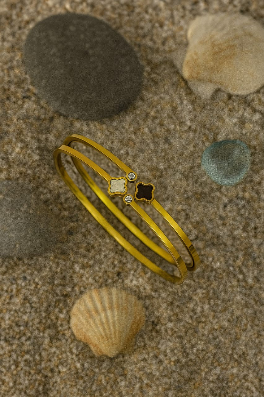Elegant Dual-Tone Floral Bangle Bracelet – Gold Finish | Pratiru