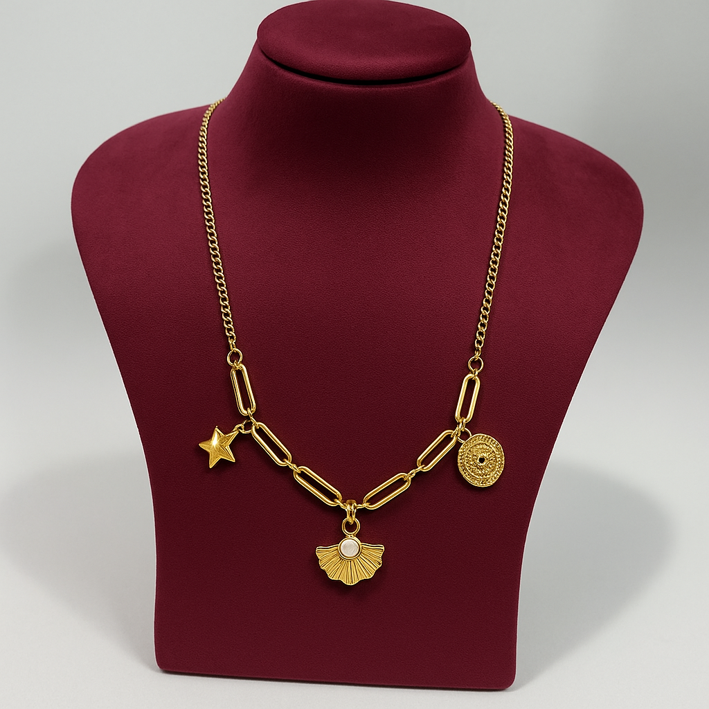 Gold Chunky Charm Necklace – Star, Shell & Medallion | Pratiru