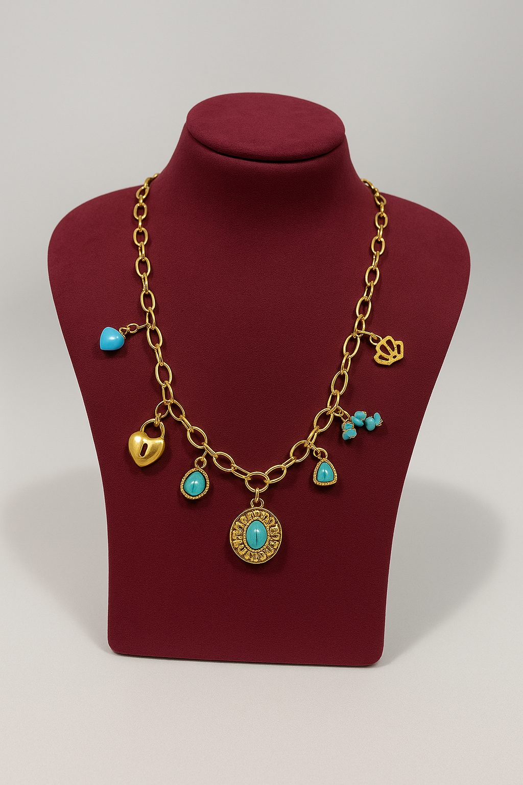 Gold Charm Necklace with Turquoise Accents & Heart Lock | Pratiru