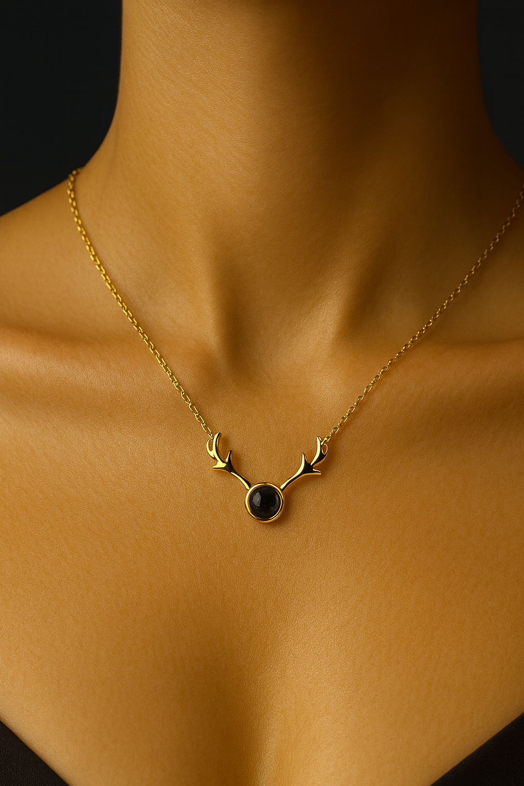 Gold Antler Pendant Necklace with Black Stone – Unique Minimalist Charm | Pratiru