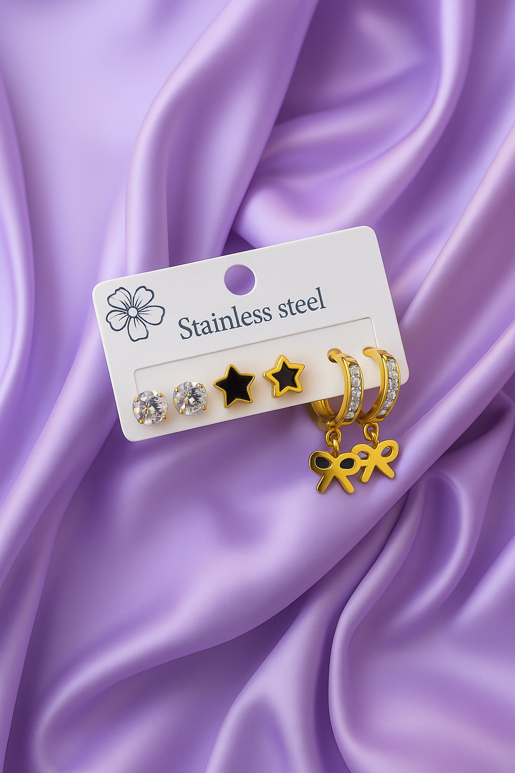 Gold Stainless Steel Earrings Set – Crystal Studs, Star & Bow Hoop Combo | Anti-Tarnish