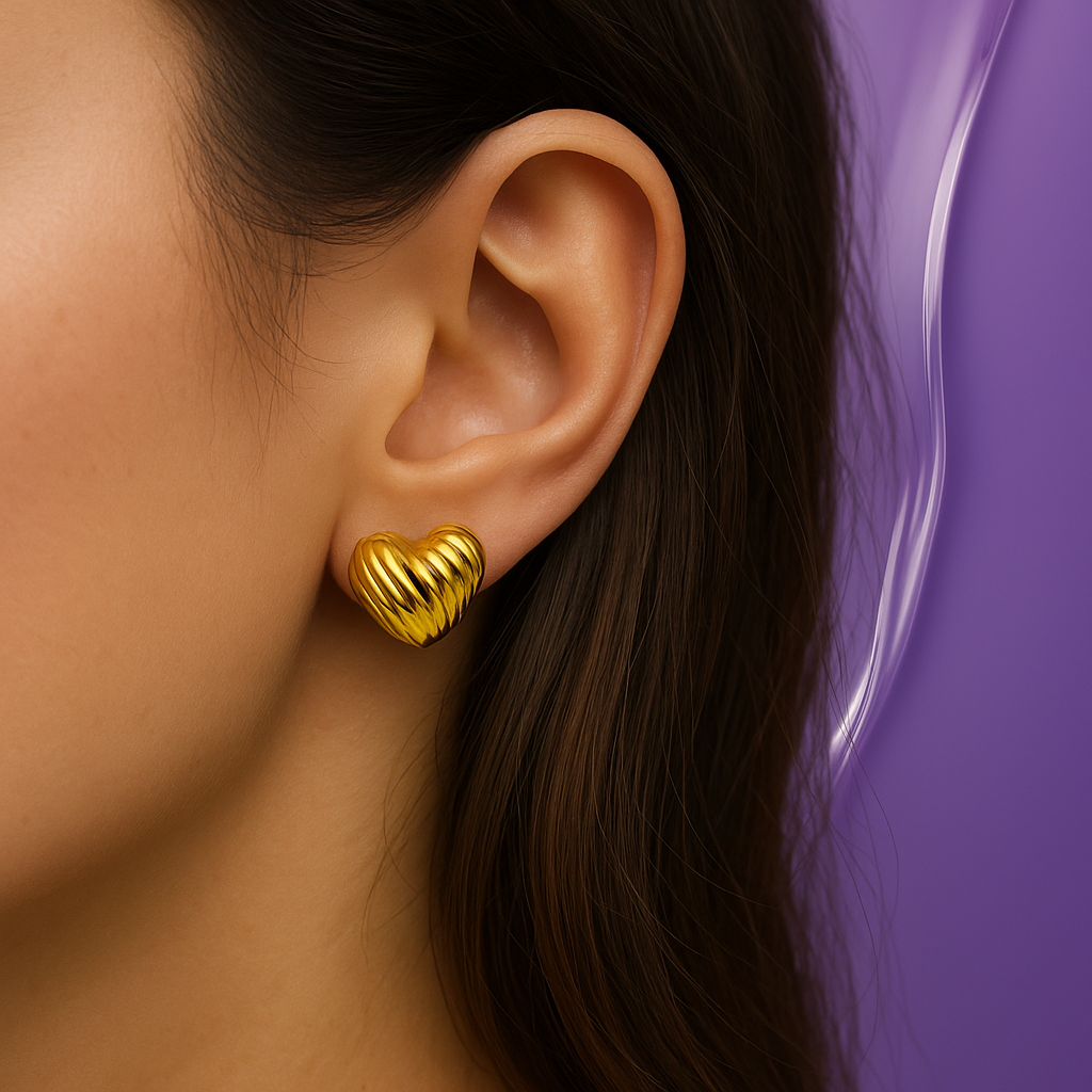 Gold Heart Stud Earrings – Textured Stainless Steel | Bold & Elegant Anti-Tarnish Jewelry