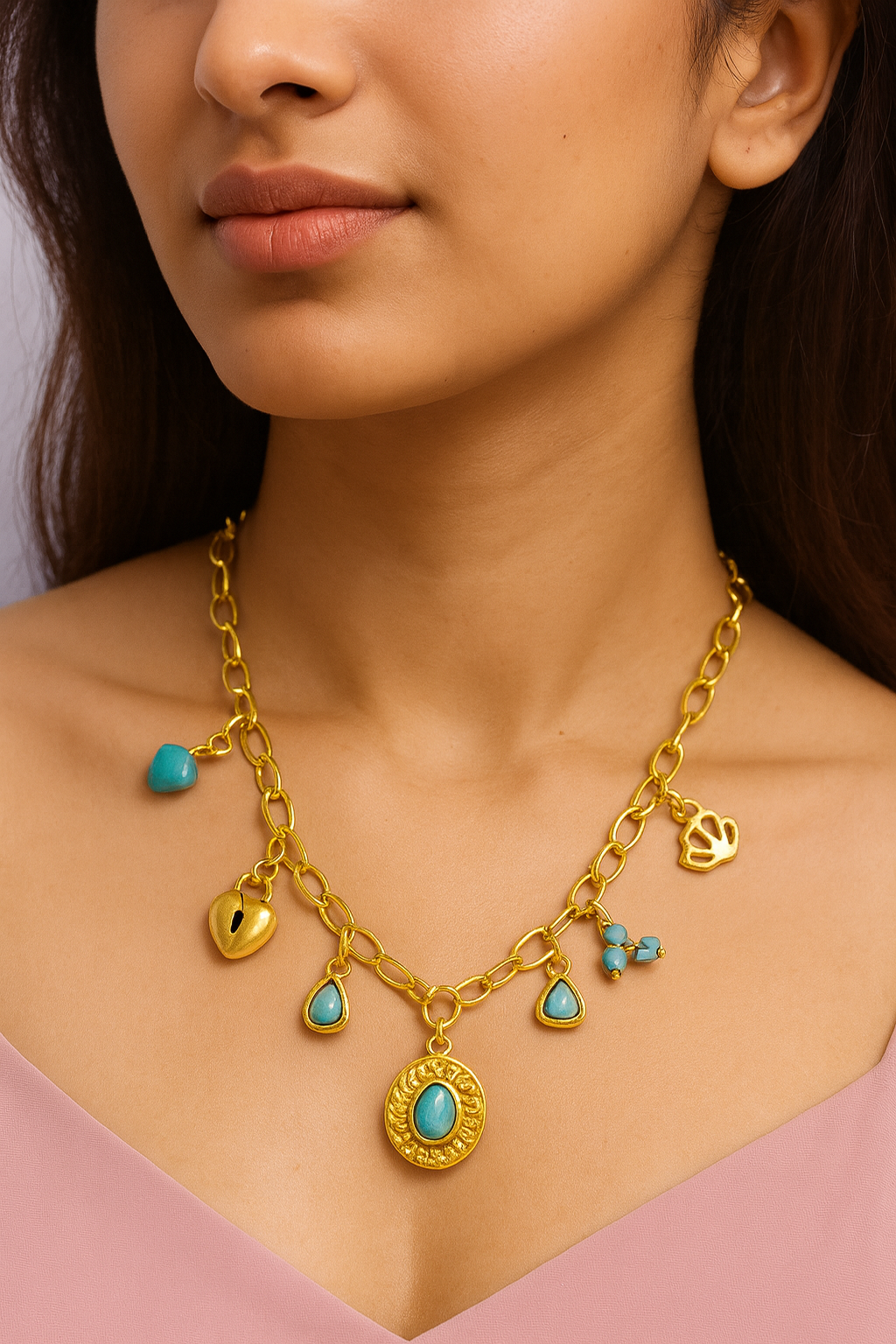 Gold Charm Necklace with Turquoise Accents & Heart Lock | Pratiru