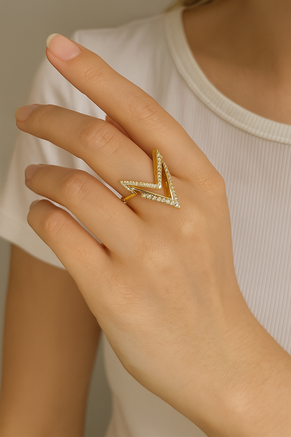 V-Shaped Gold Statement Ring with CZ Stones – Adjustable & Anti-Tarnish
