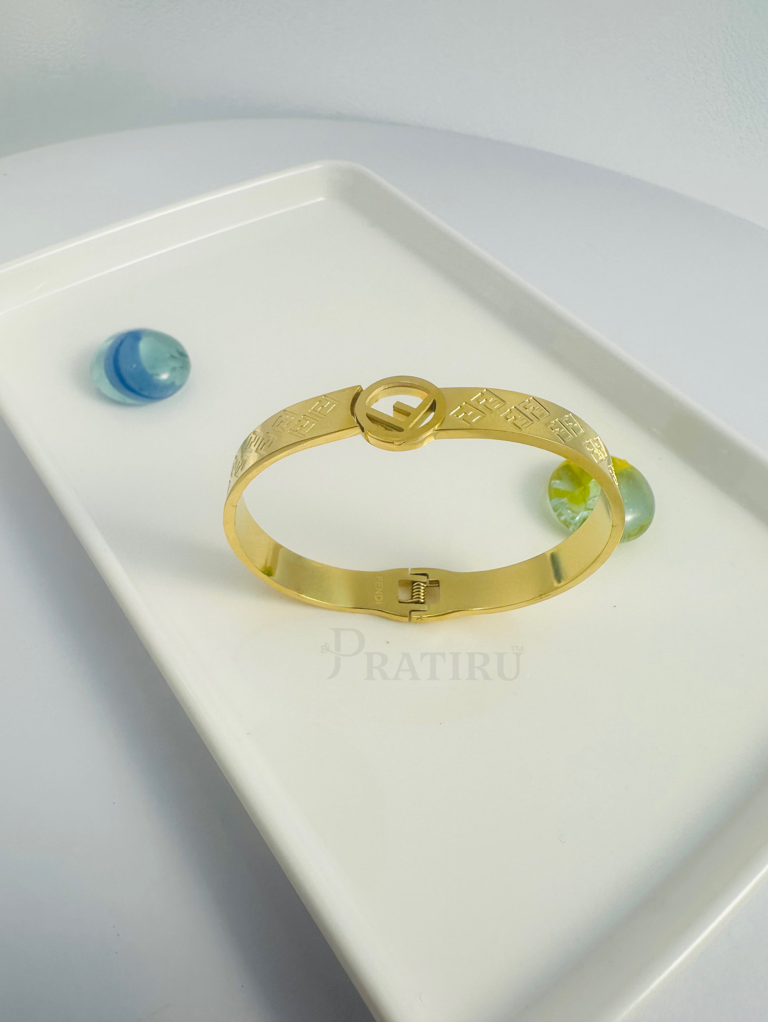 Designer-Inspired Emblem Gold Bracelet – Anti-Tarnish Luxury Bangle by Pratiru