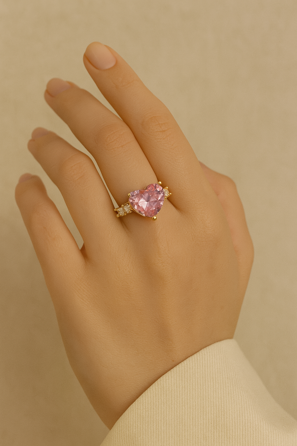 Pink Heart Stone Gold Ring – Romantic Anti-Tarnish Adjustable Jewelry