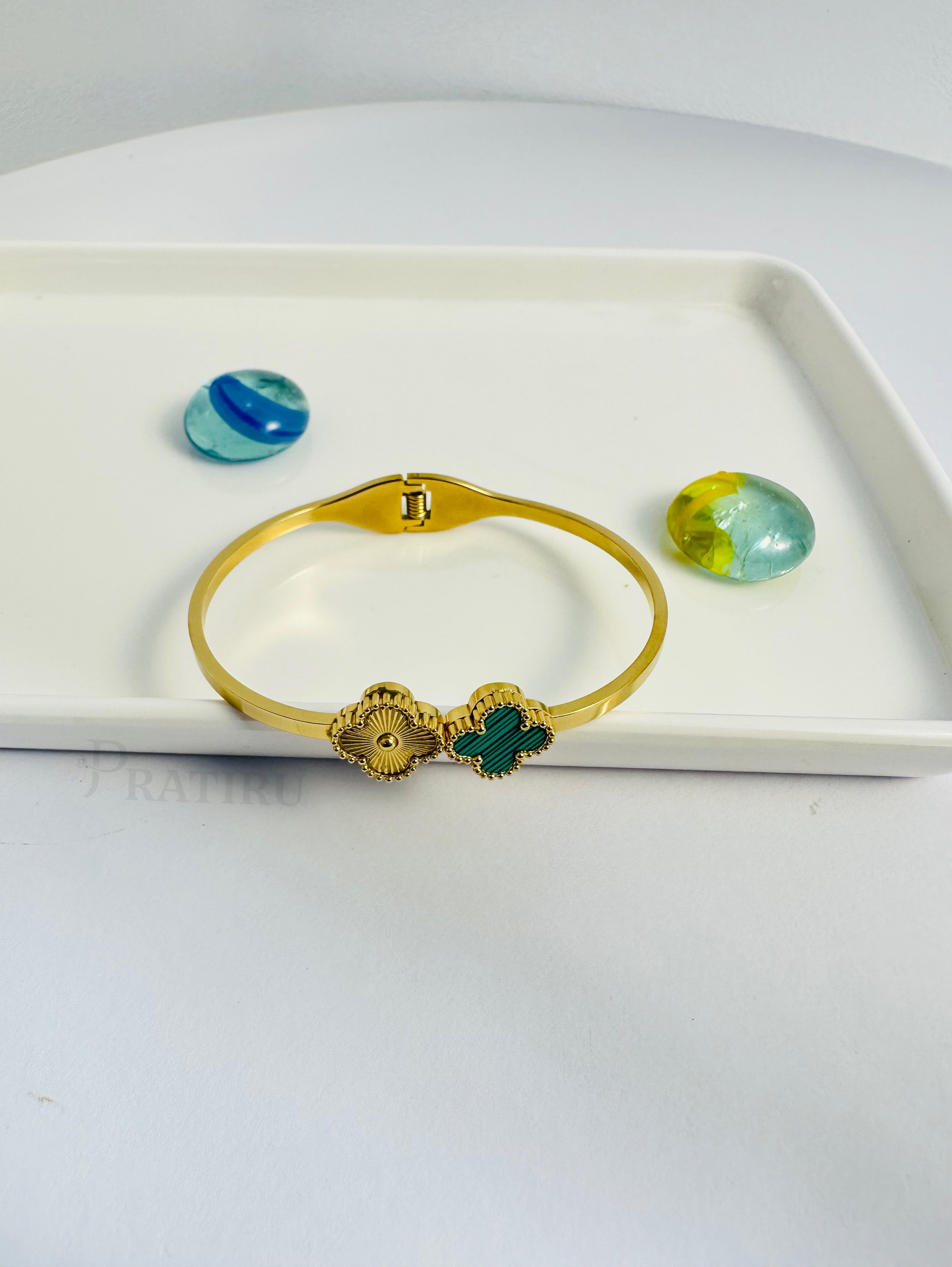 Clover Charm Gold Bracelet – Elegant Green Enamel Bangle by Pratiru