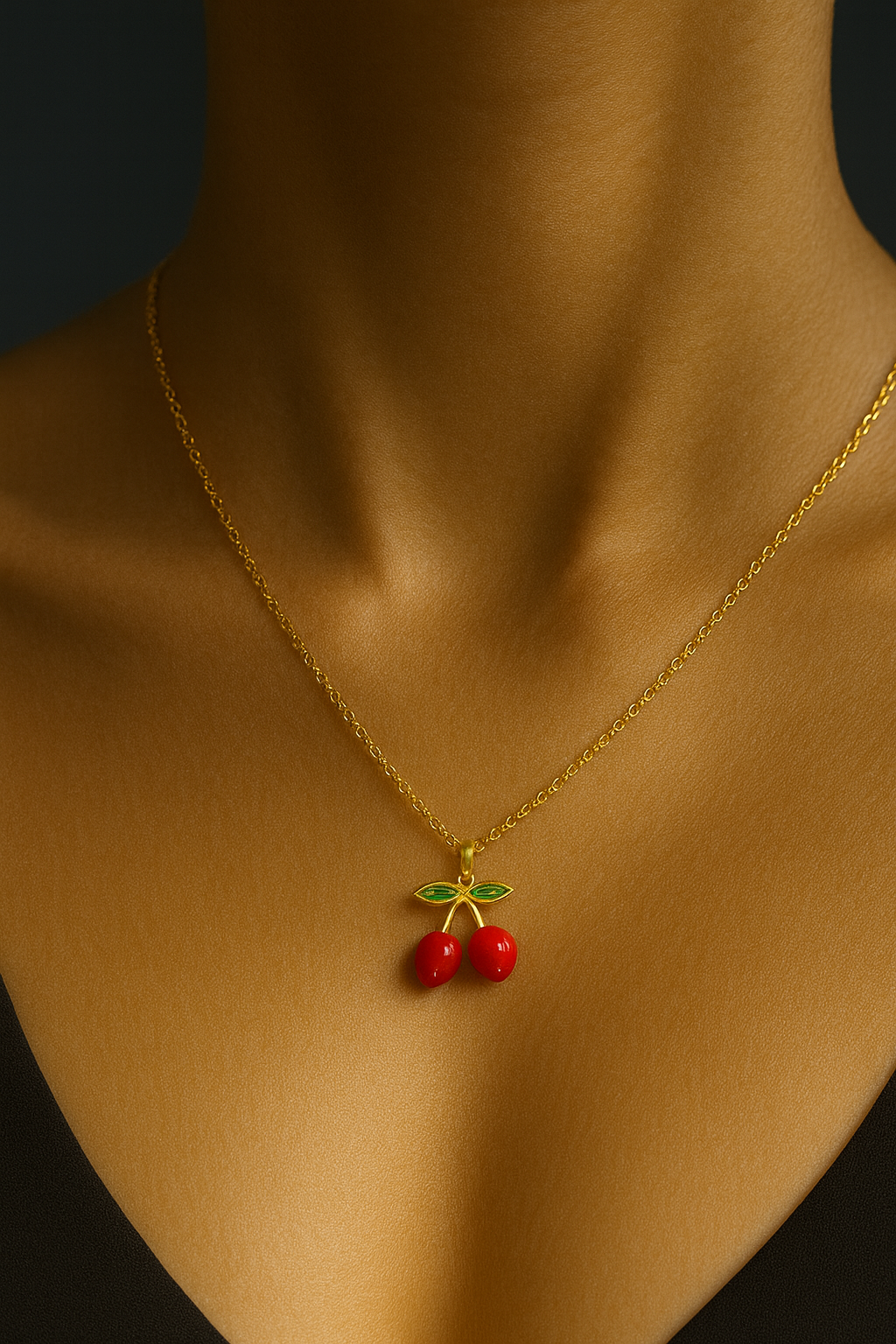 Cherry Pendant Necklace – Gold-Plated Fun & Flirty Enamel Charm | Pratiru