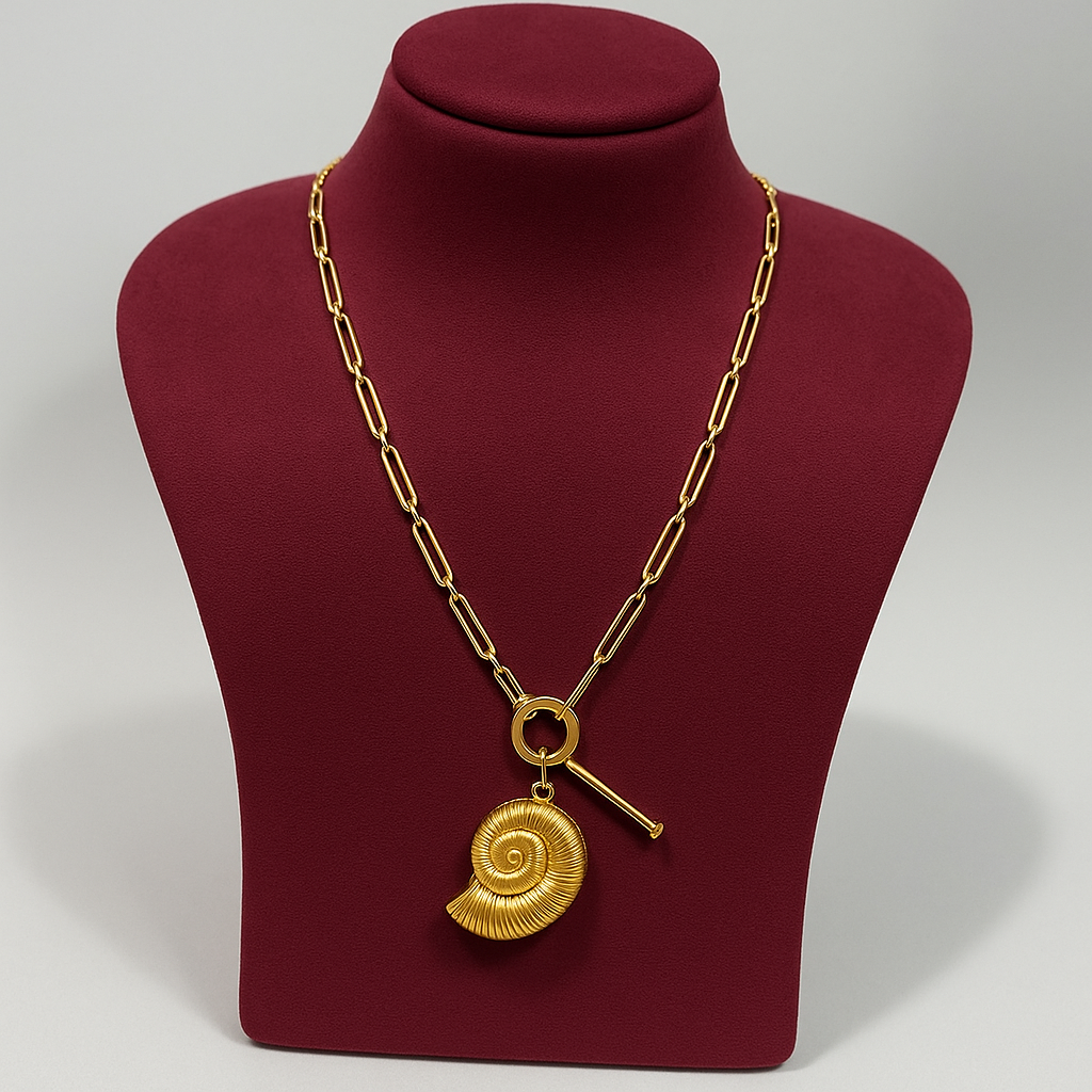 Gold Toggle Necklace with Fossil Shell Pendant | Pratiru