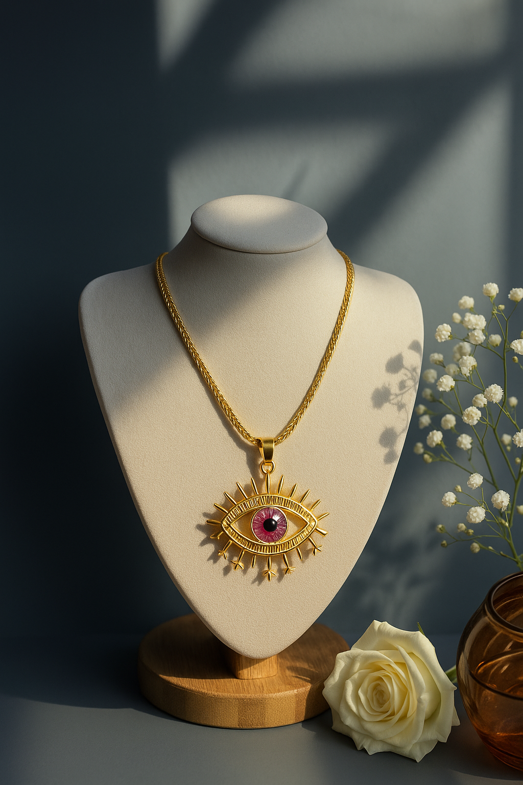 Sunburst Evil Eye Pendant Necklace – Gold-Plated Protection Jewelry | Pratiru