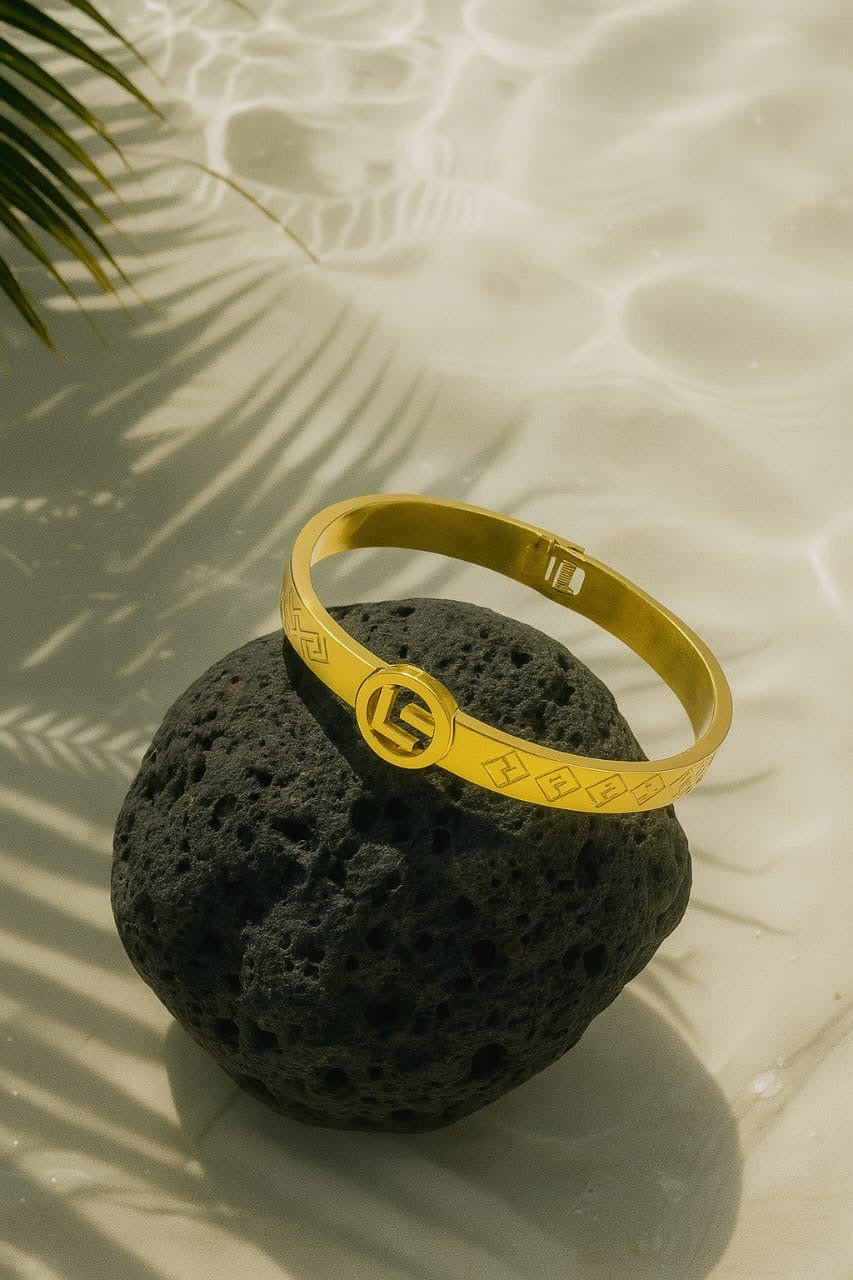 Designer-Inspired Emblem Gold Bracelet – Anti-Tarnish Luxury Bangle by Pratiru