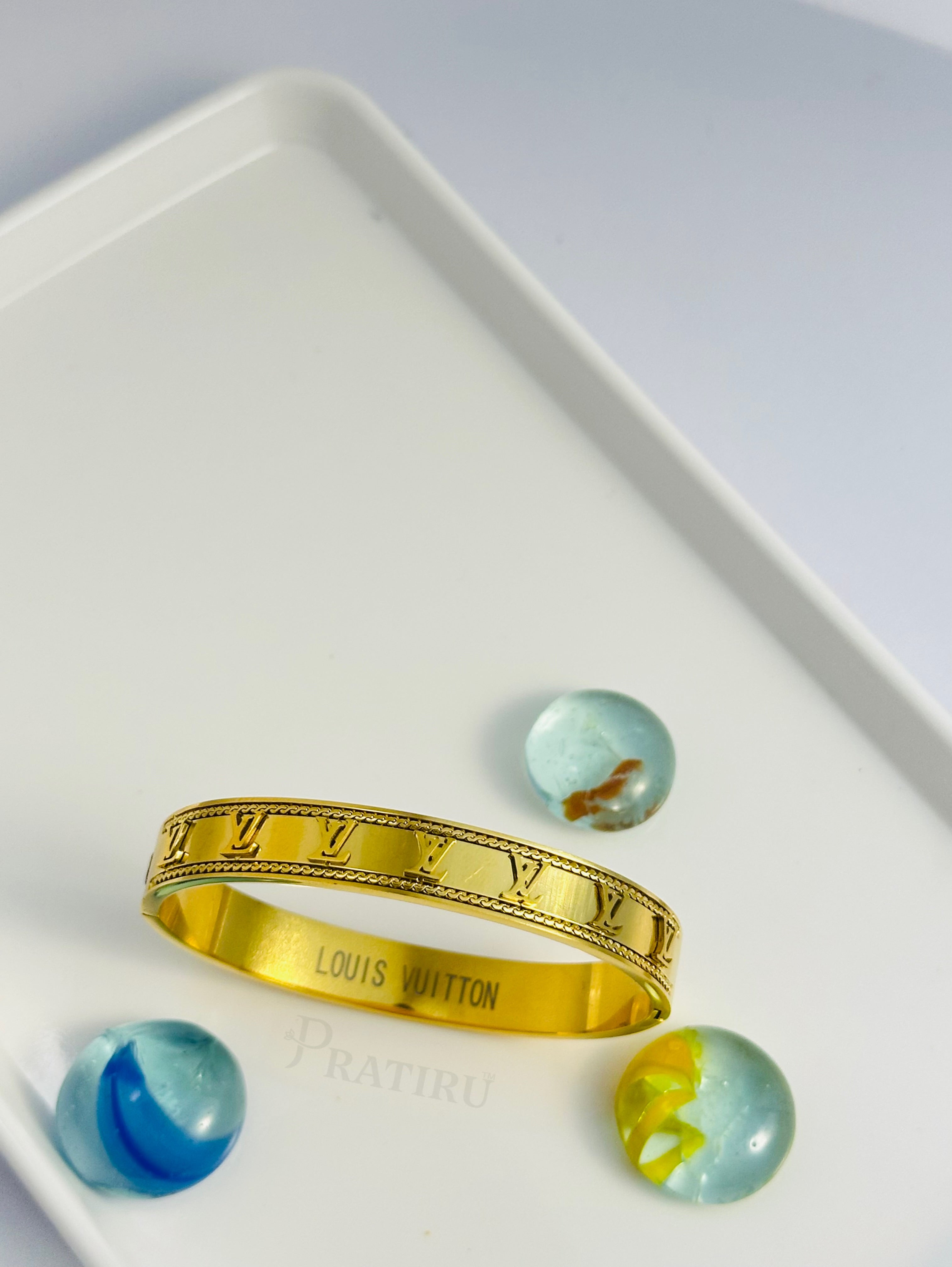 Luxury Monogram-Inspired Gold Bangle – Designer Style Anti-Tarnish Bracelet by Pratiru