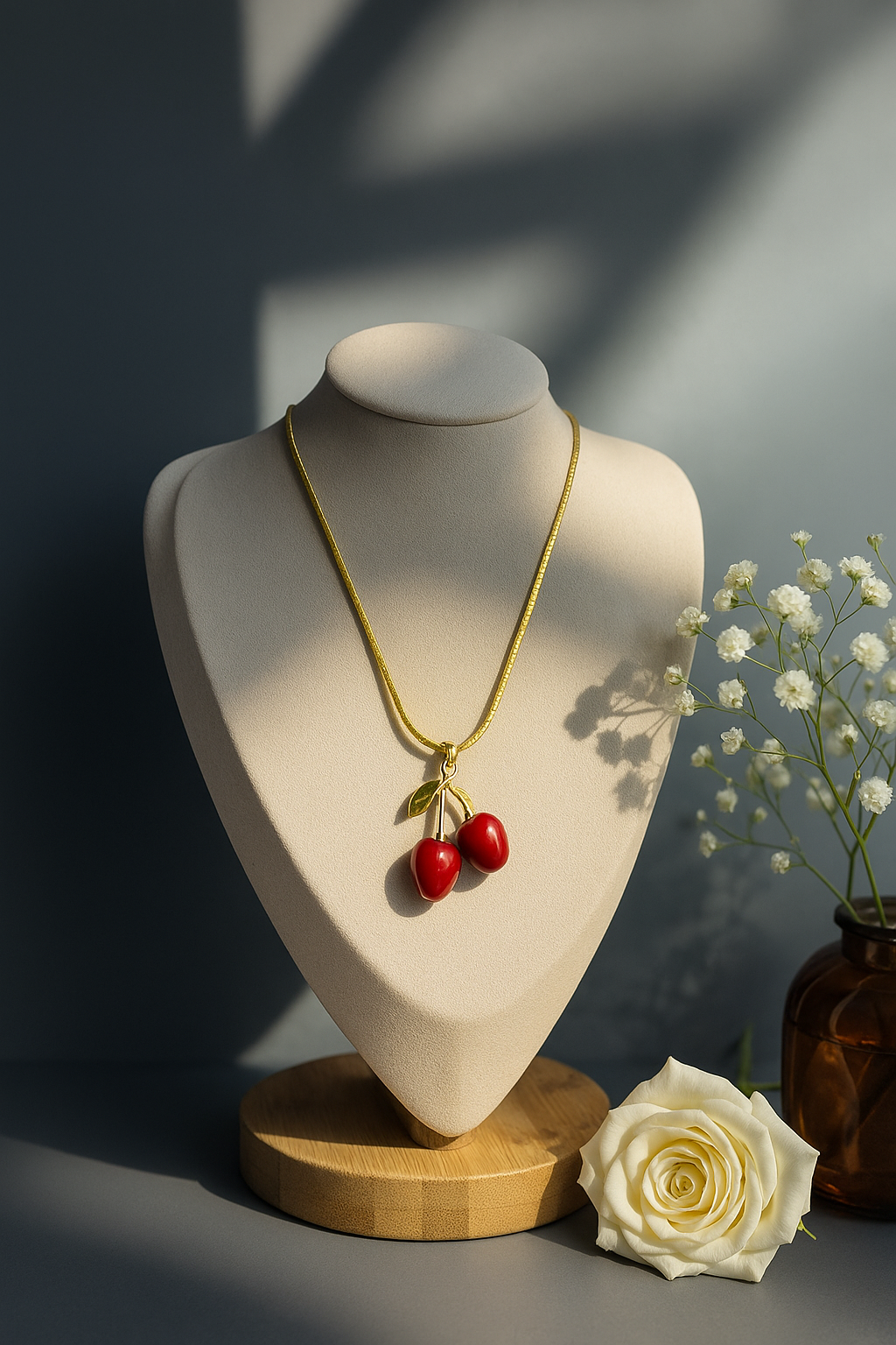 Cherry Pendant Necklace – Playful Gold-Plated Statement Jewelry | Pratiru