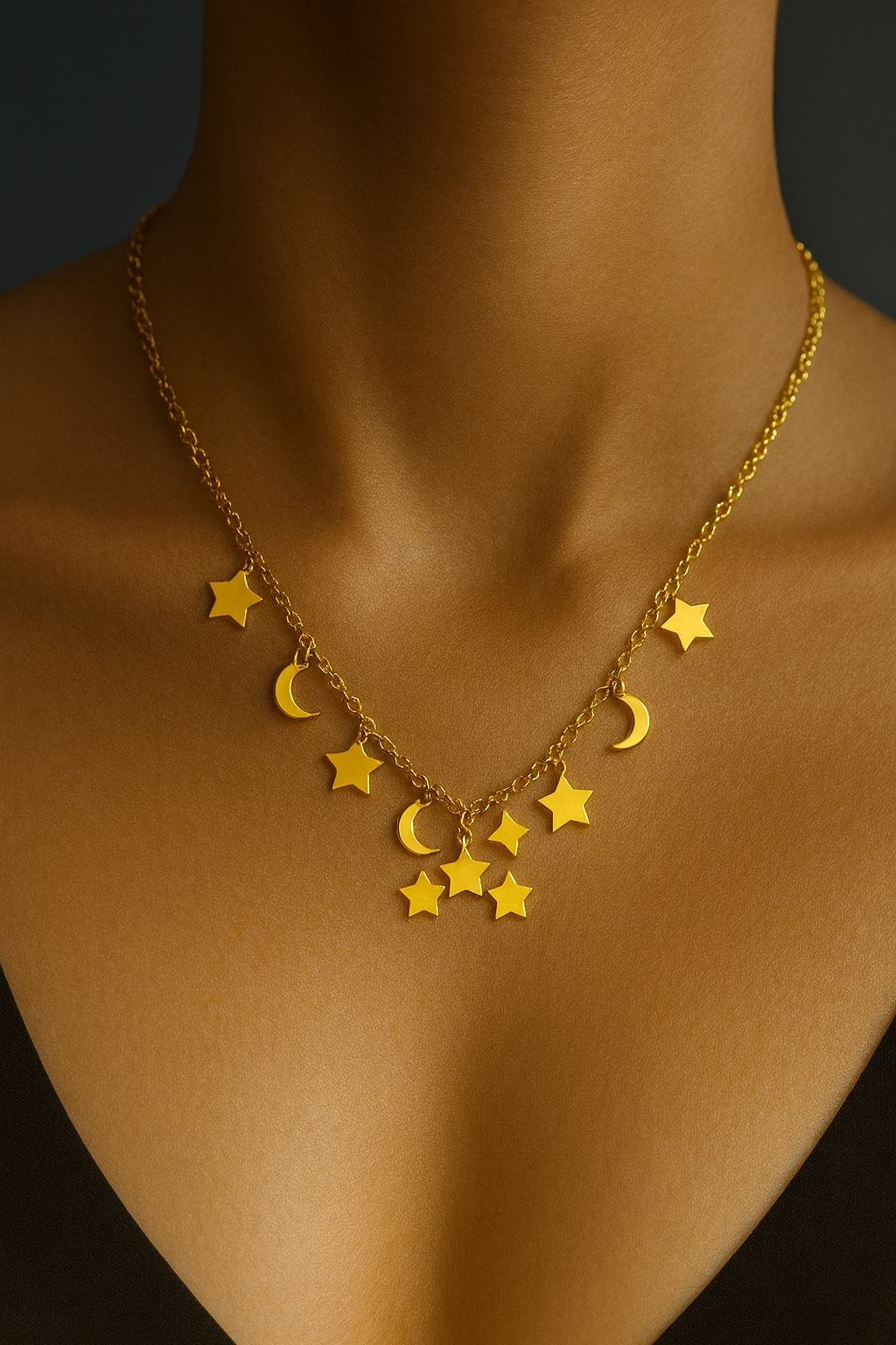 Celestial Star & Moon Charm Necklace – Gold-Plated Dreamy Jewelry | Pratiru
