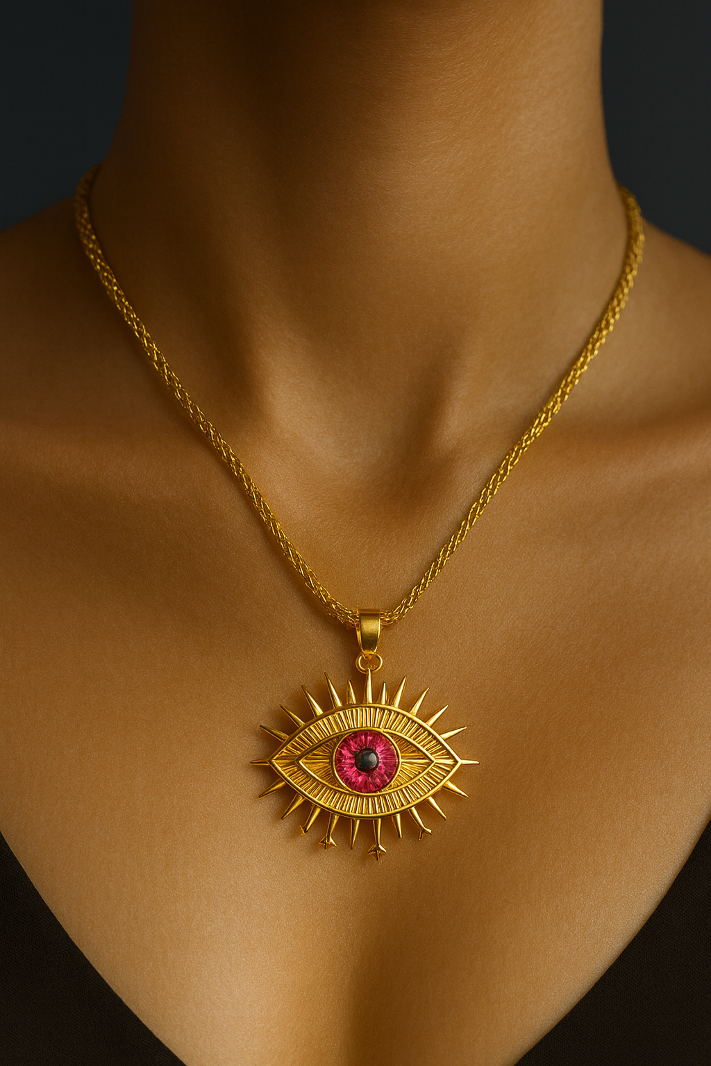Sunburst Evil Eye Pendant Necklace – Gold-Plated Protection Jewelry | Pratiru