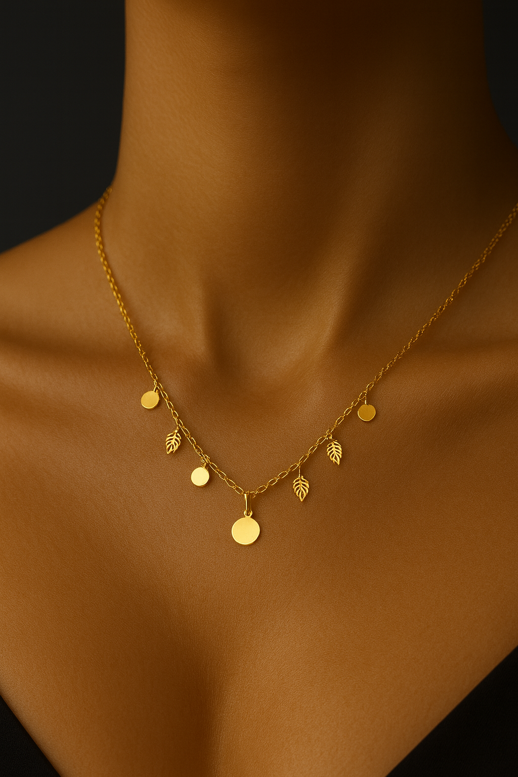 Leaf & Disc Charm Necklace – Gold-Plated Minimalist Dangler | Pratiru