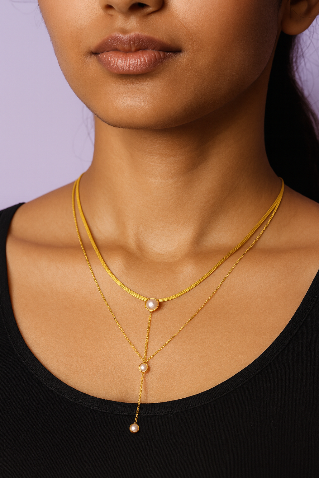 Gold Layered Necklace with Pearl Drops – Elegant Y-Design | Pratiru
