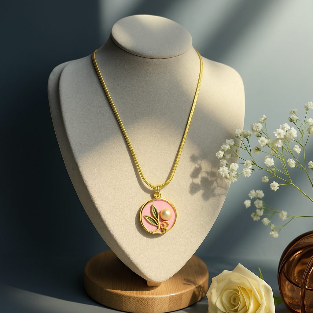 Botanical Pink Enamel Pendant Necklace – Gold-Plated Floral Charm | Pratiru