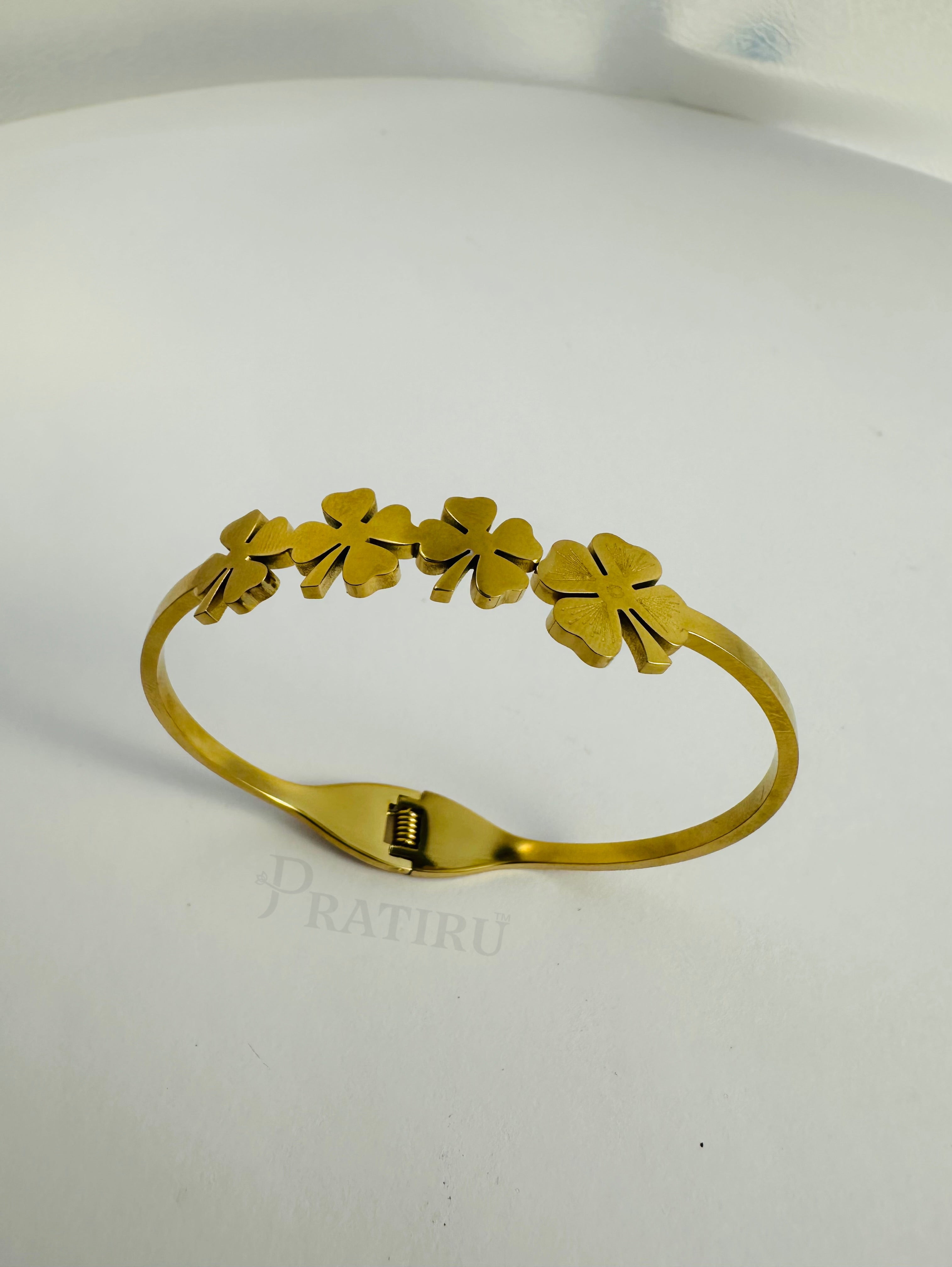 Four Leaf Clover Gold Bangle – Lucky Charm Anti-Tarnish Bracelet for Women