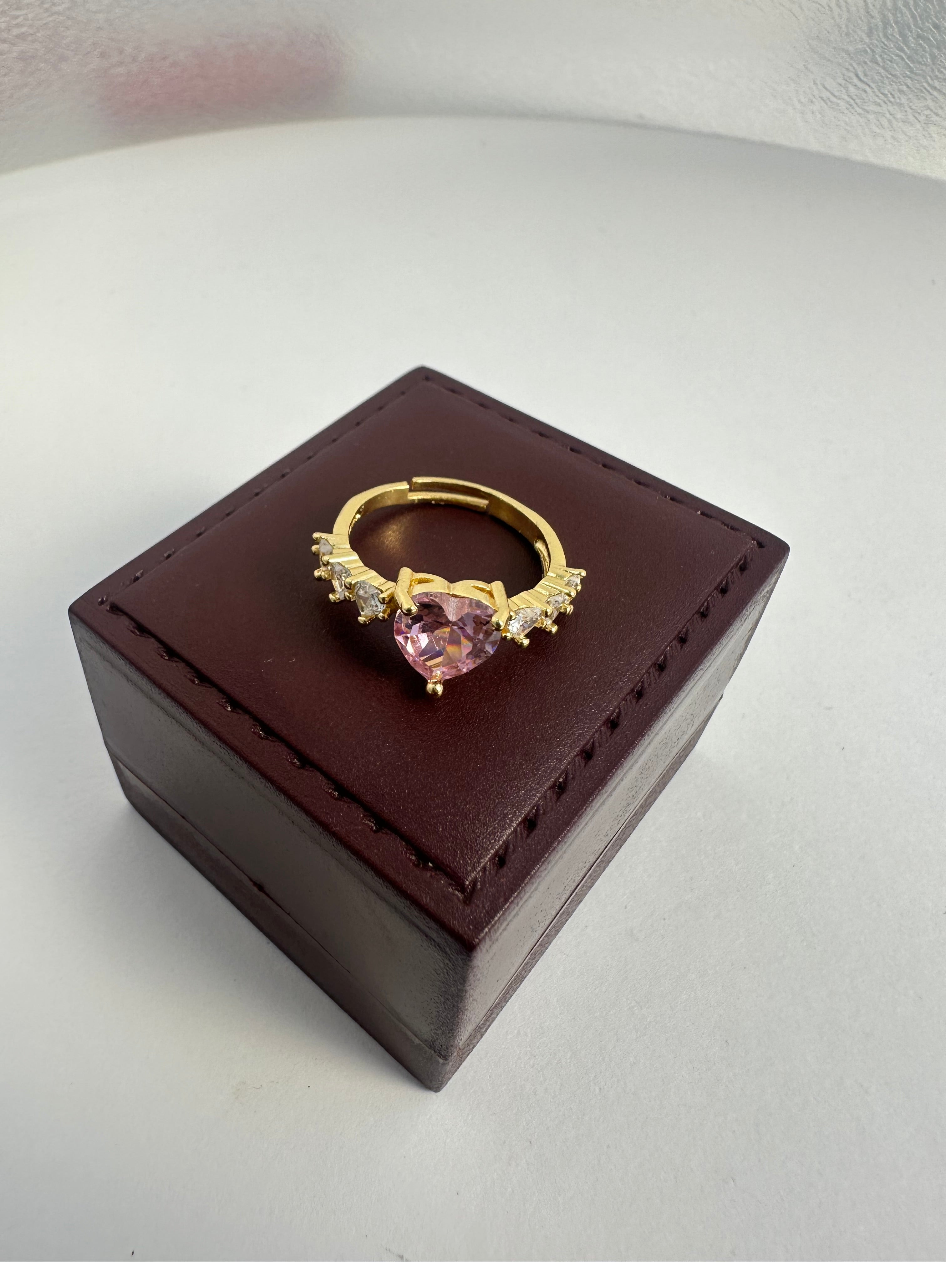 Pink Heart Stone Gold Ring – Romantic Anti-Tarnish Adjustable Jewelry