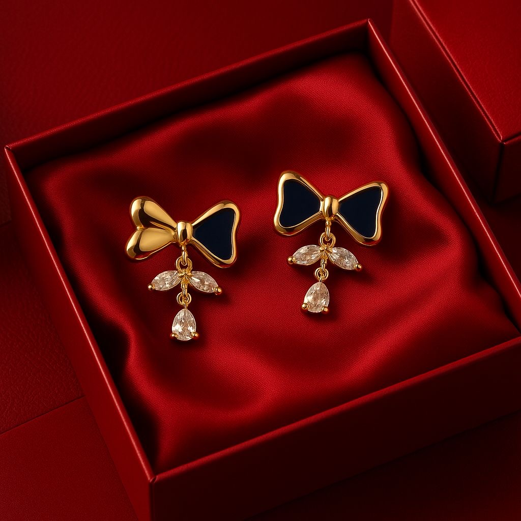 Black & Gold Bow Earrings with Crystal Drops – Luxury Anti-Tarnish | Pratiru