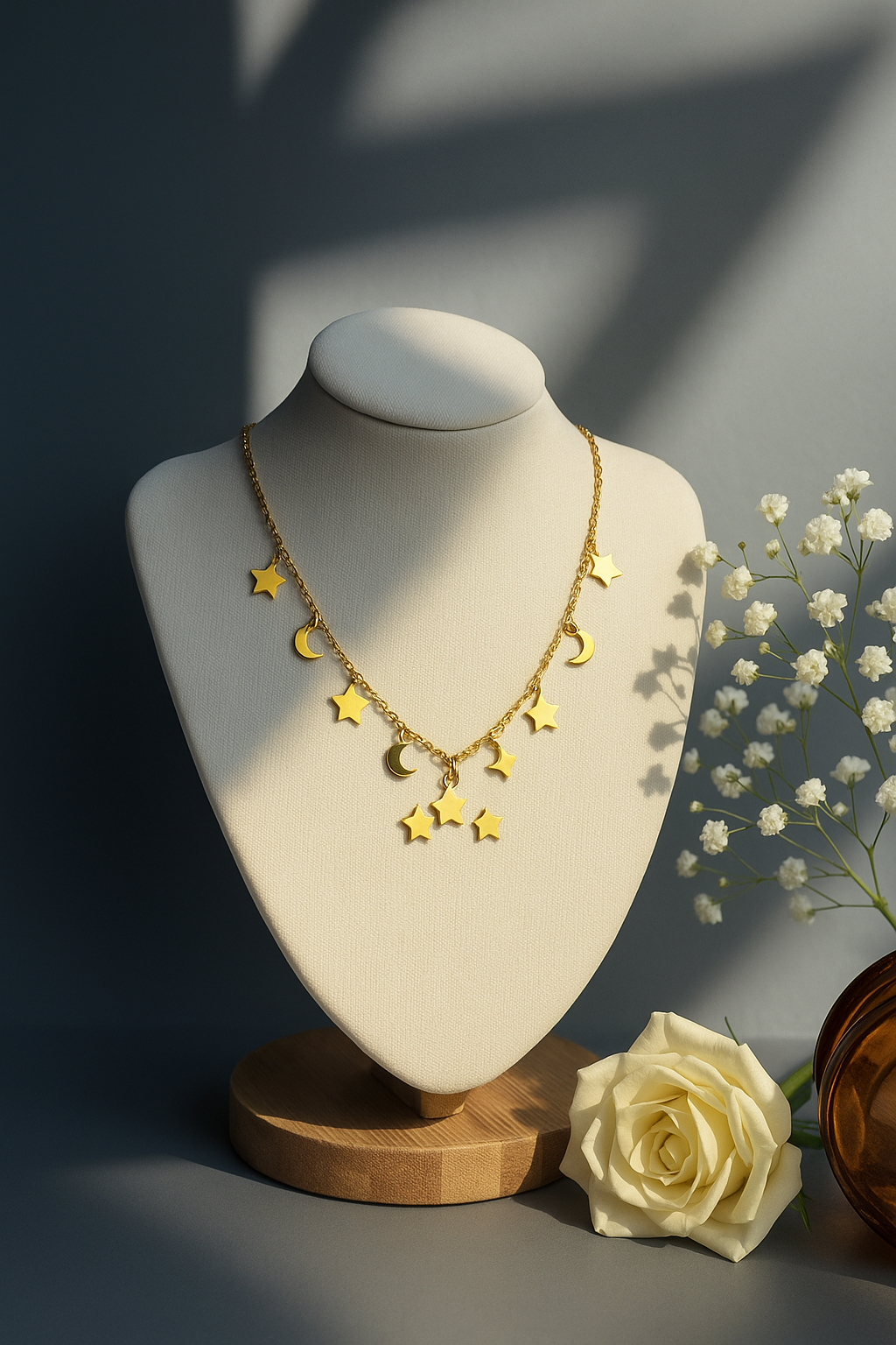 Celestial Star & Moon Charm Necklace – Gold-Plated Dreamy Jewelry | Pratiru