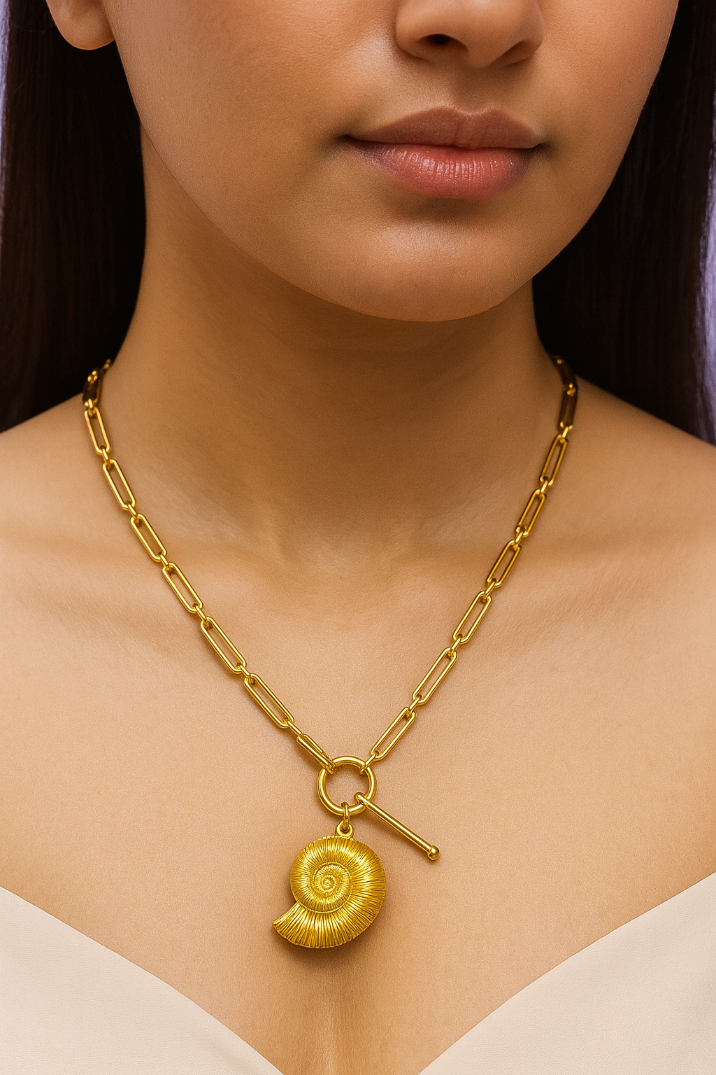Gold Toggle Necklace with Fossil Shell Pendant | Pratiru