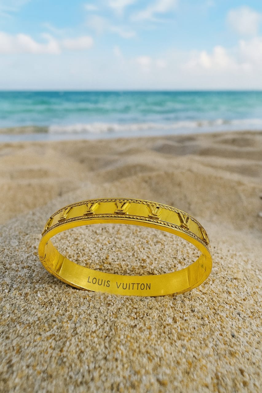 Luxury Monogram-Inspired Gold Bangle – Designer Style Anti-Tarnish Bracelet by Pratiru