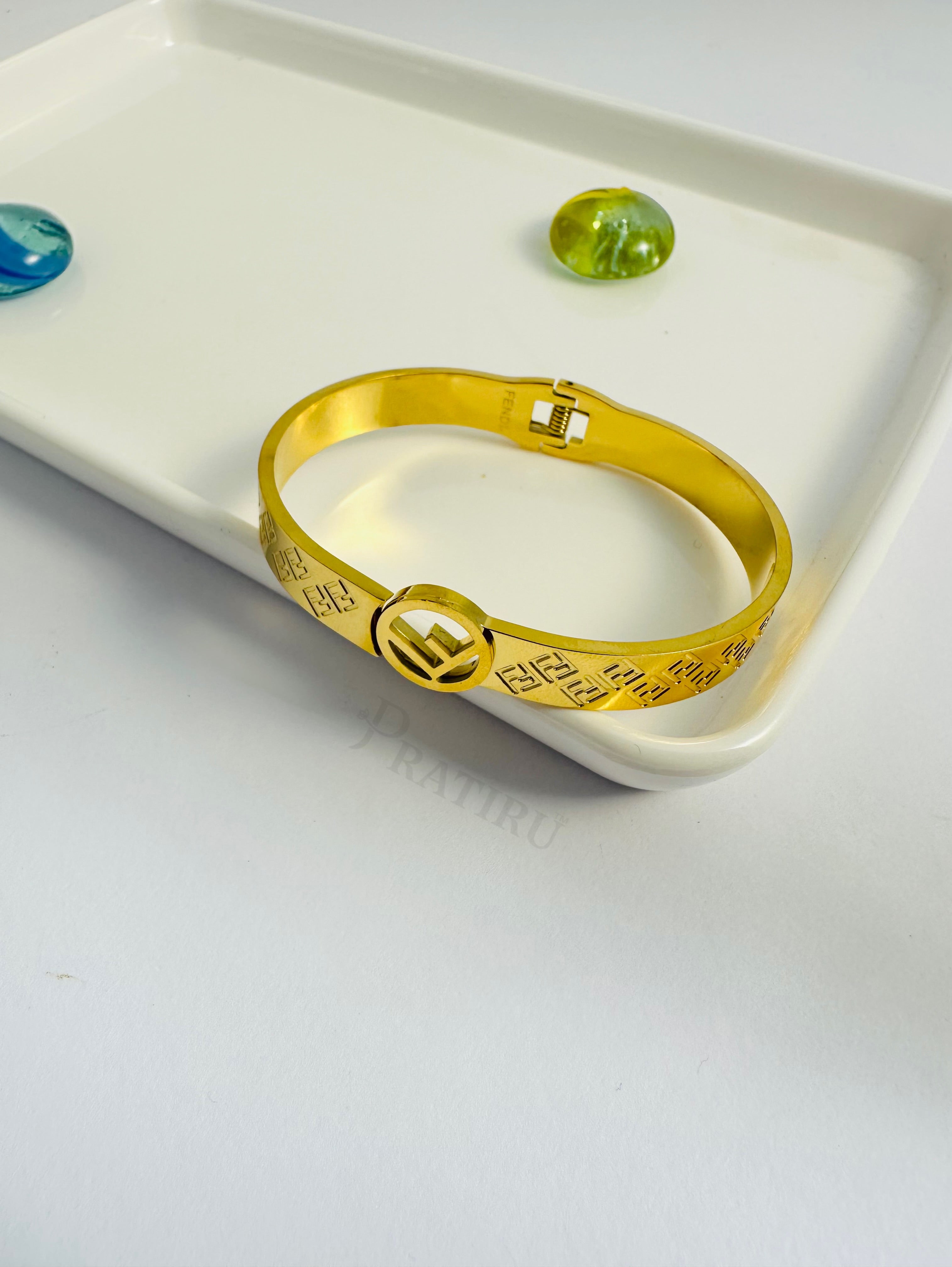 Designer-Inspired Emblem Gold Bracelet – Anti-Tarnish Luxury Bangle by Pratiru