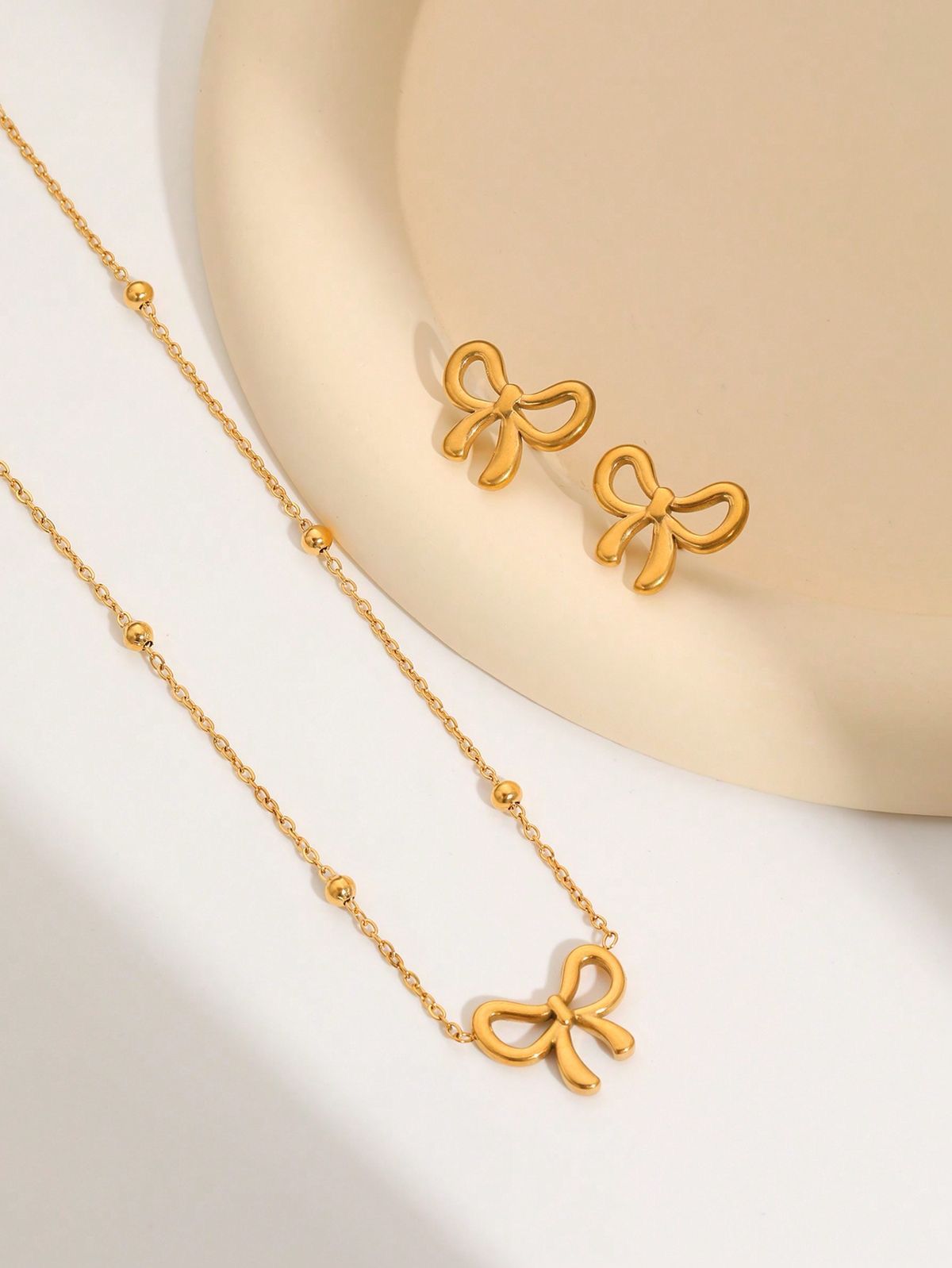 Gold Bow Necklace & Earring Set – Cute Minimalist Anti-Tarnish Jewelry