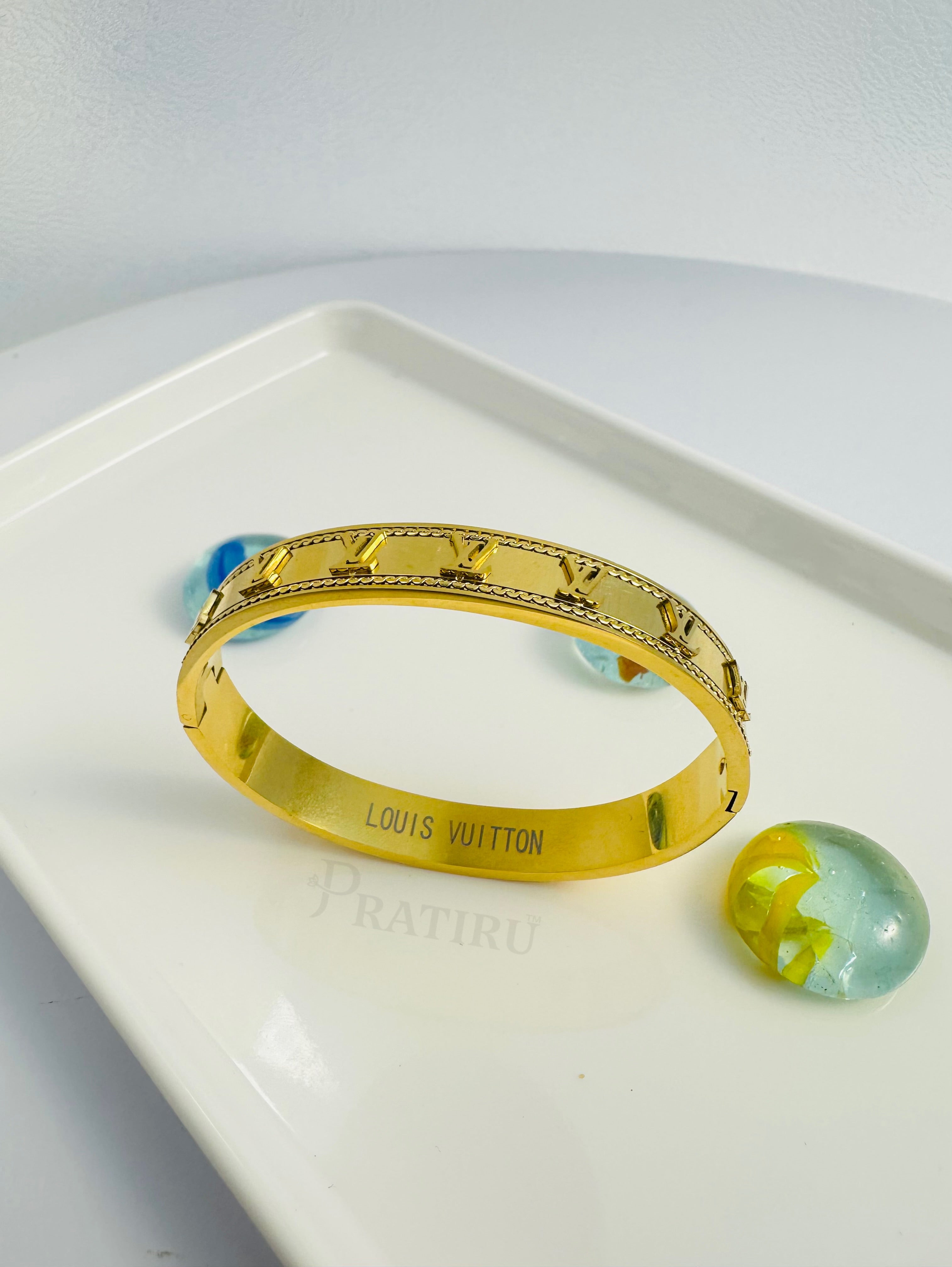 Luxury Monogram-Inspired Gold Bangle – Designer Style Anti-Tarnish Bracelet by Pratiru