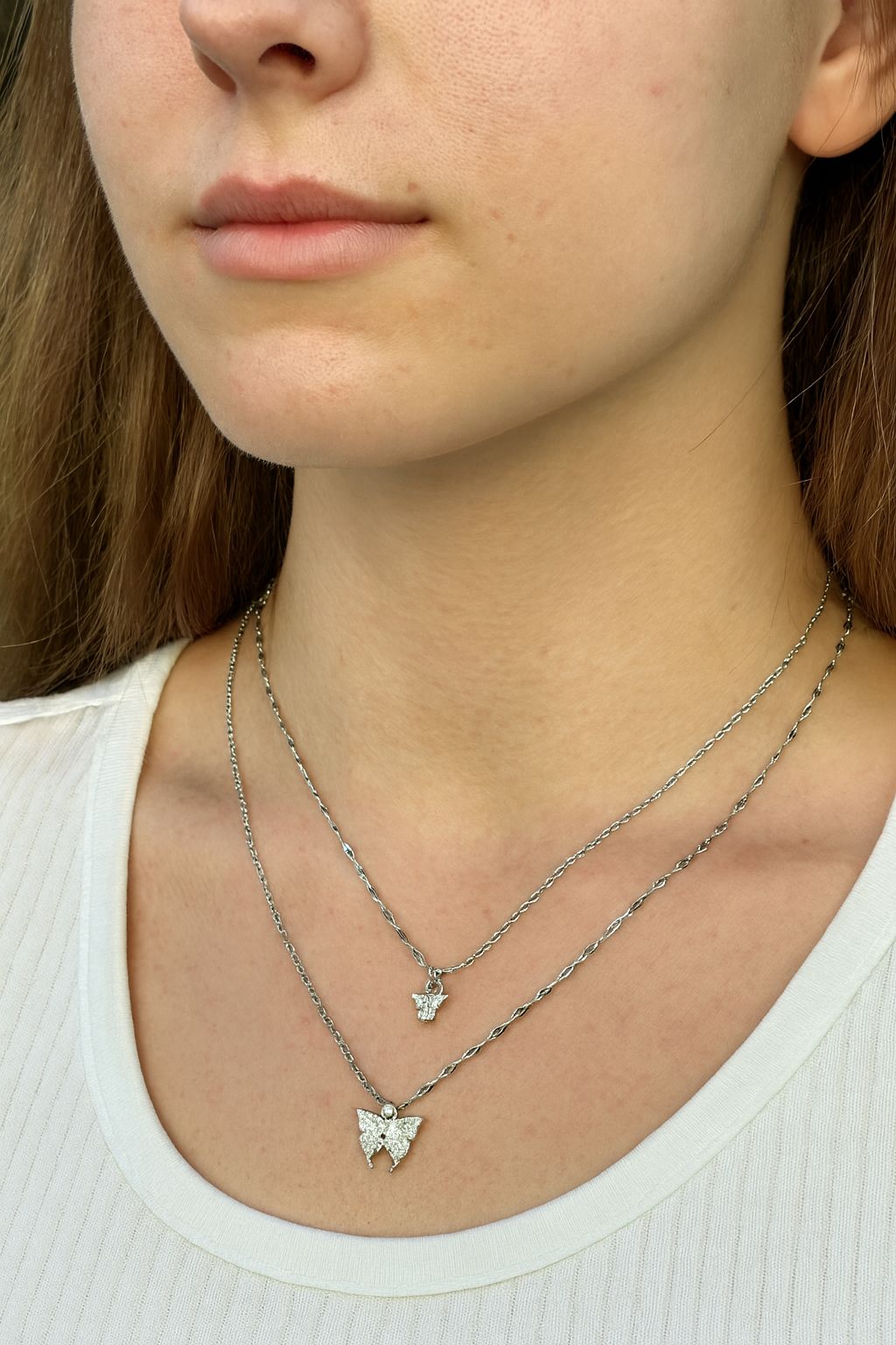 Elegant Double-Layer Butterfly Pendant Necklace – Silver